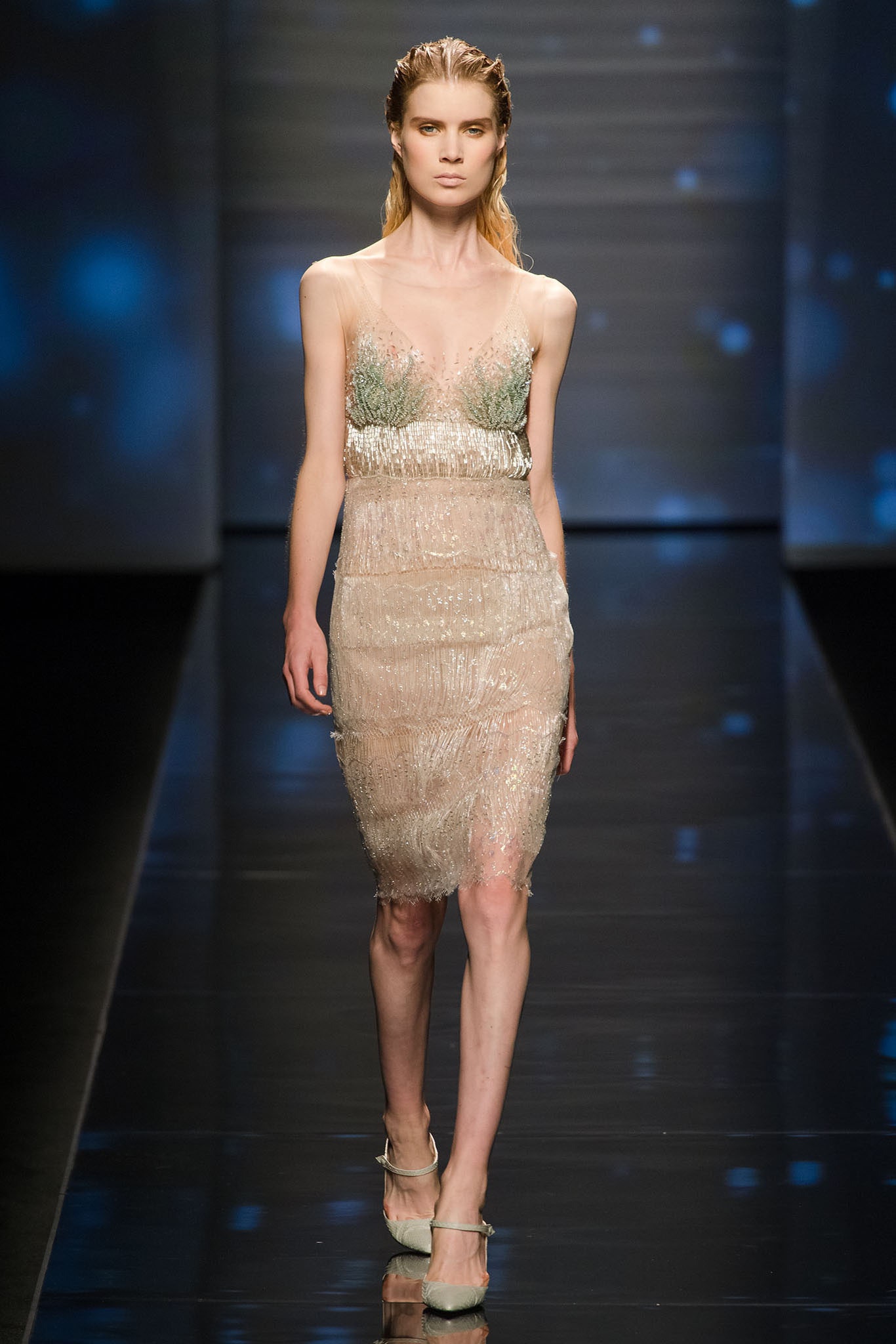 beige and green sequined dress