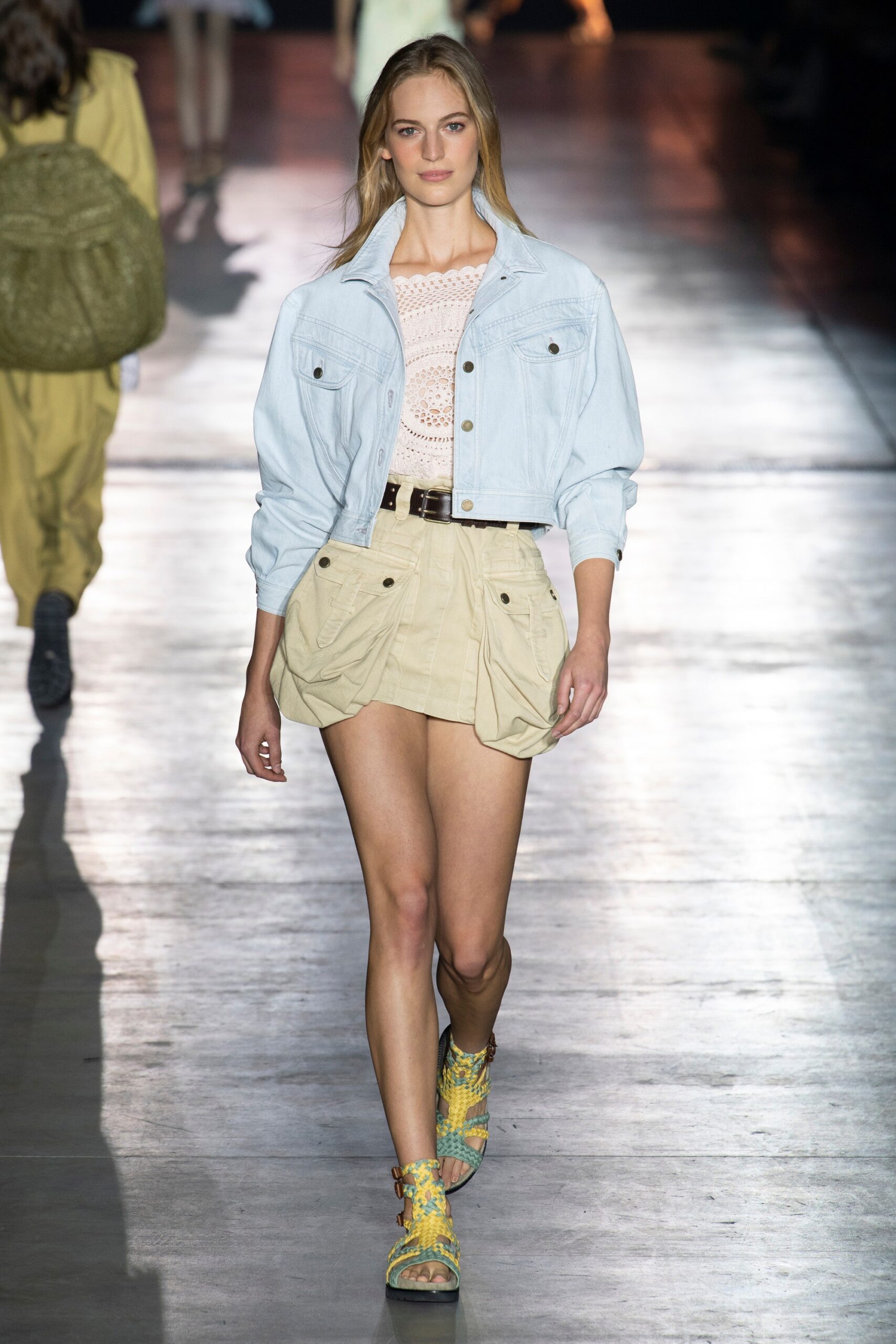 light blue denim jacket with crochet top