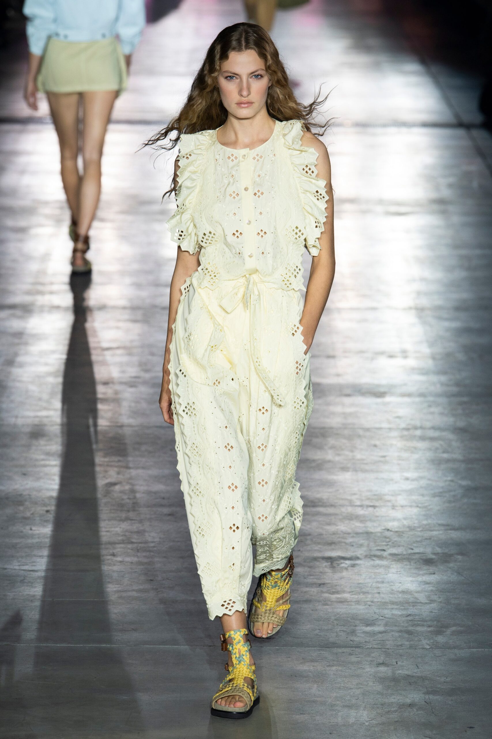 yellow embroidered sleeveless jumpsuit