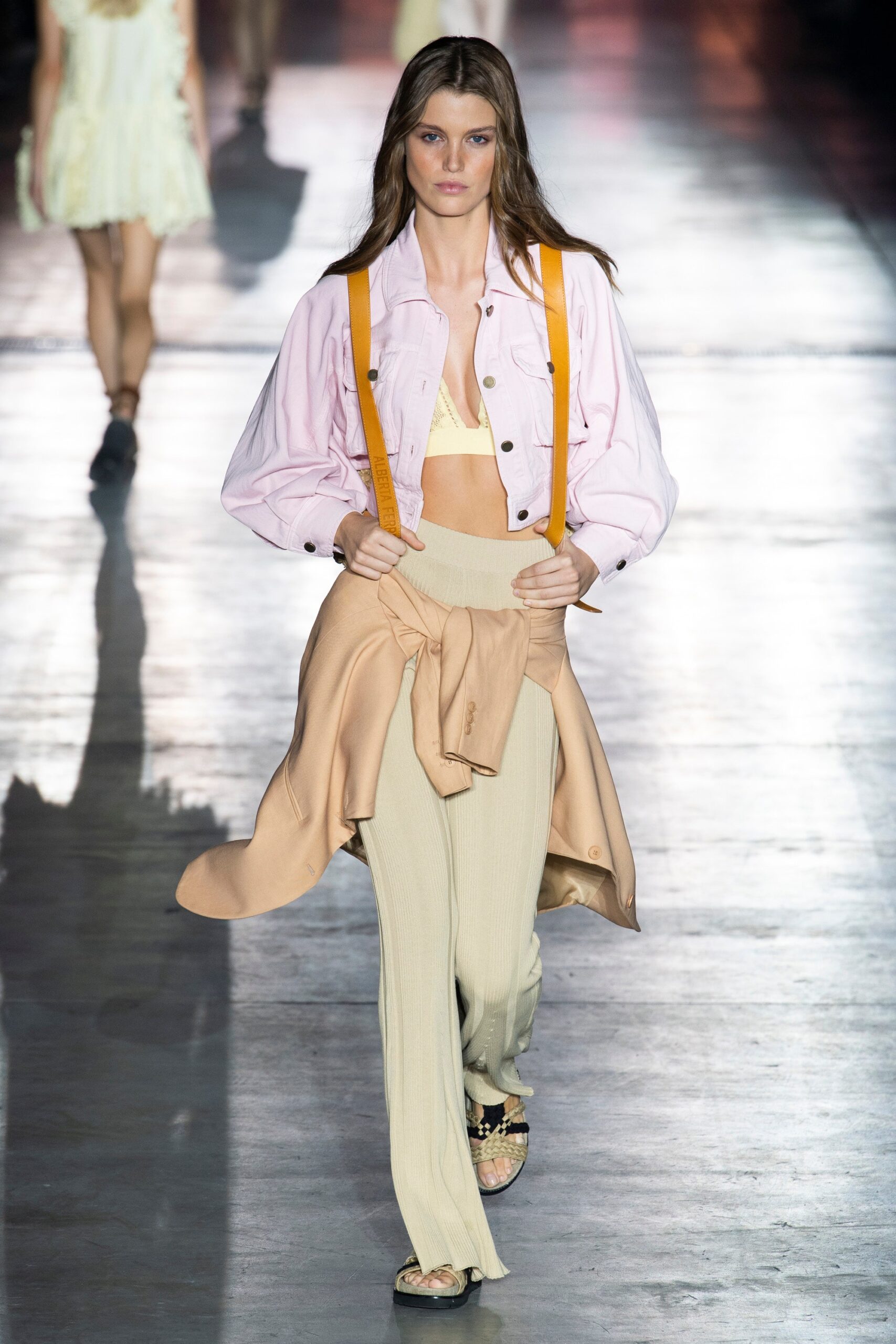 pink jacket beige top cream pants