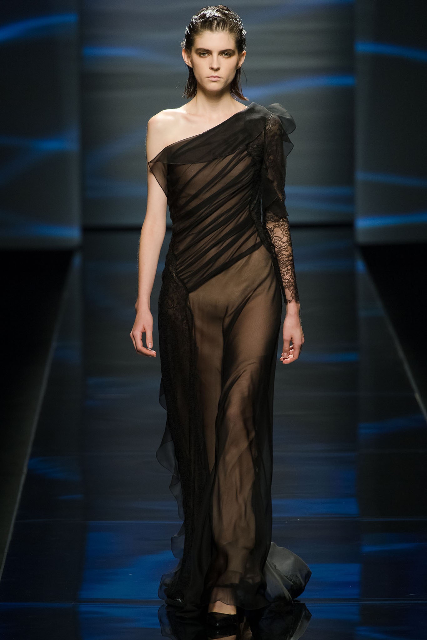 black sheer off-shoulder gown