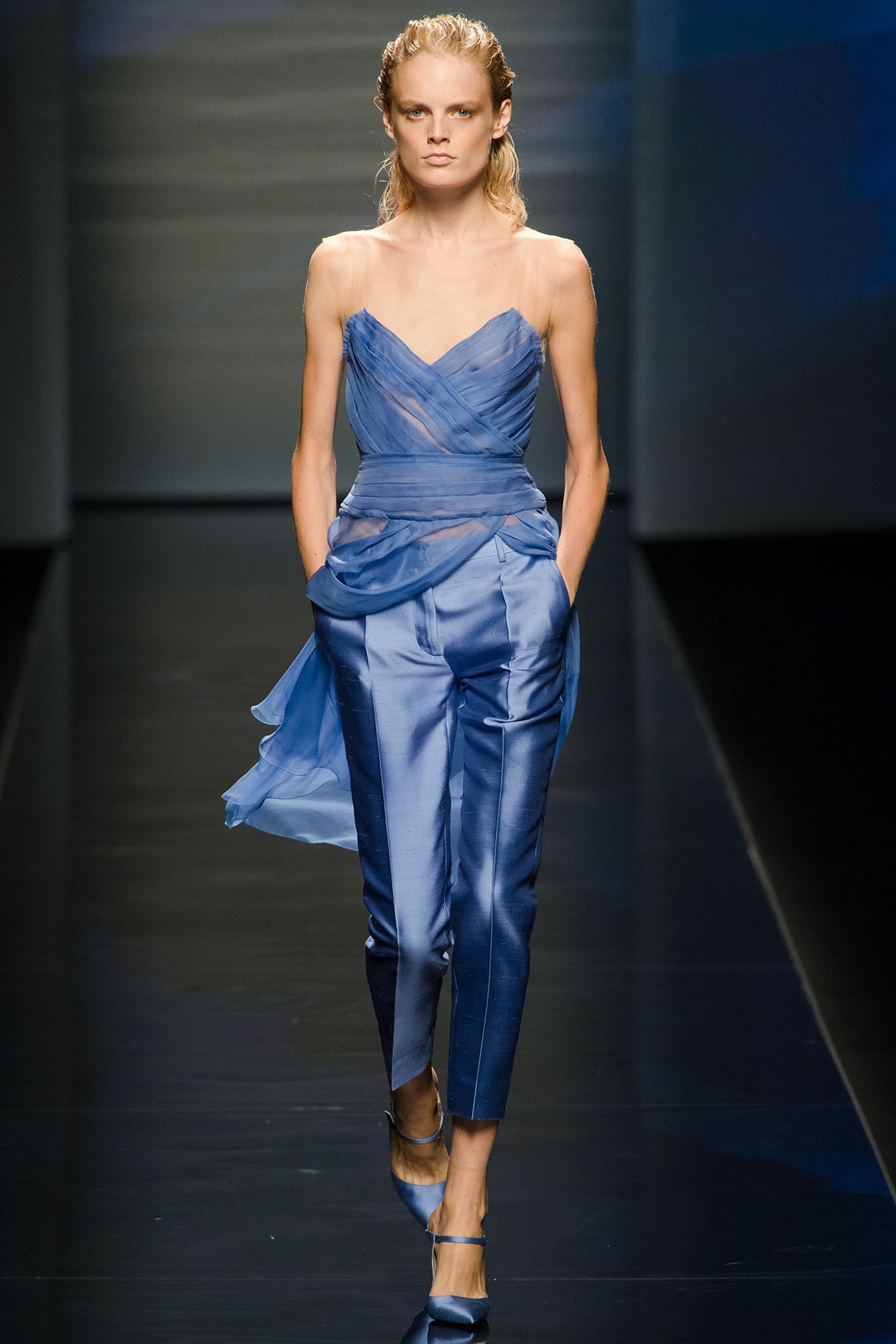 blue chiffon sleeveless v-neck fitted draped flowing top