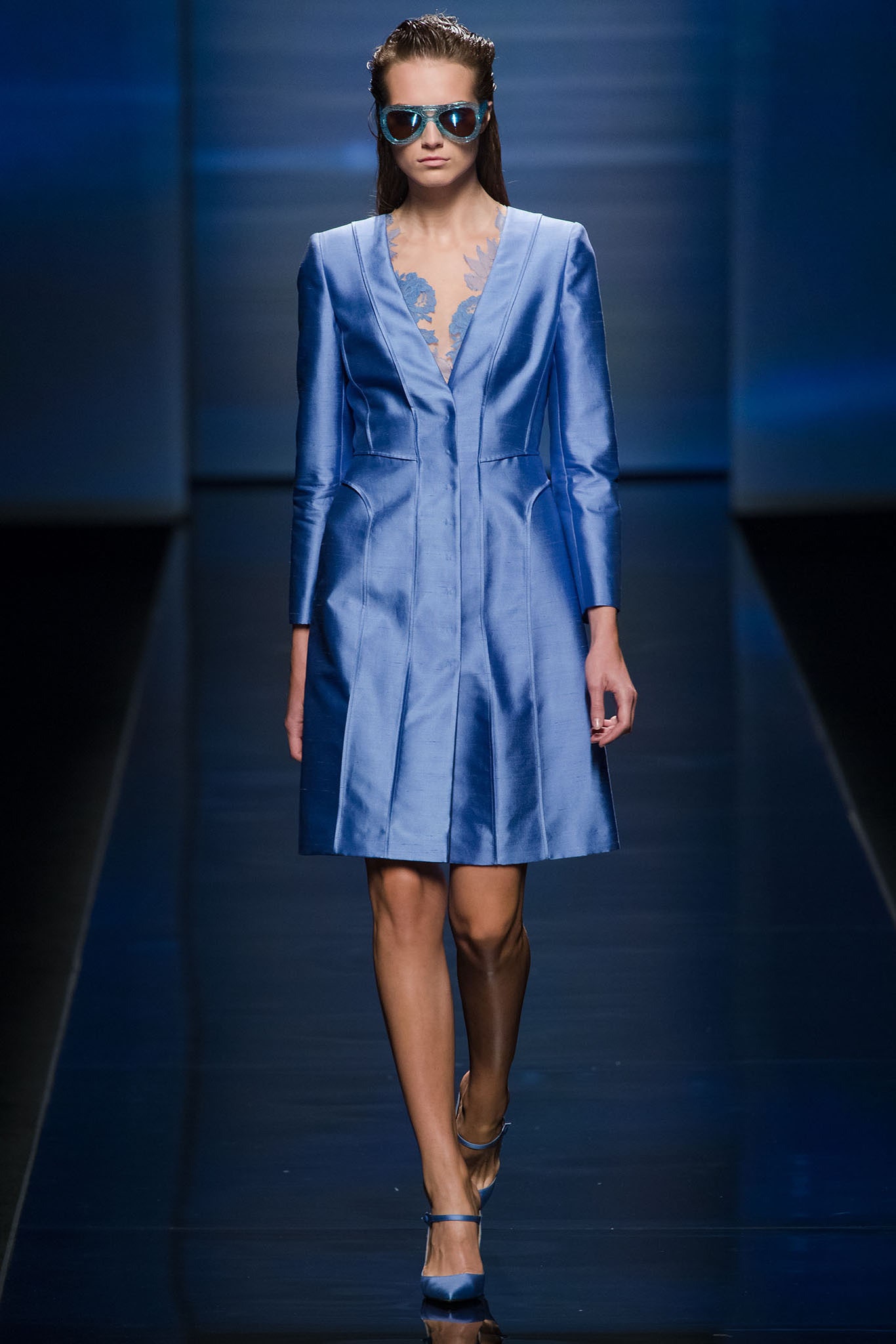 blue satin fitted dress