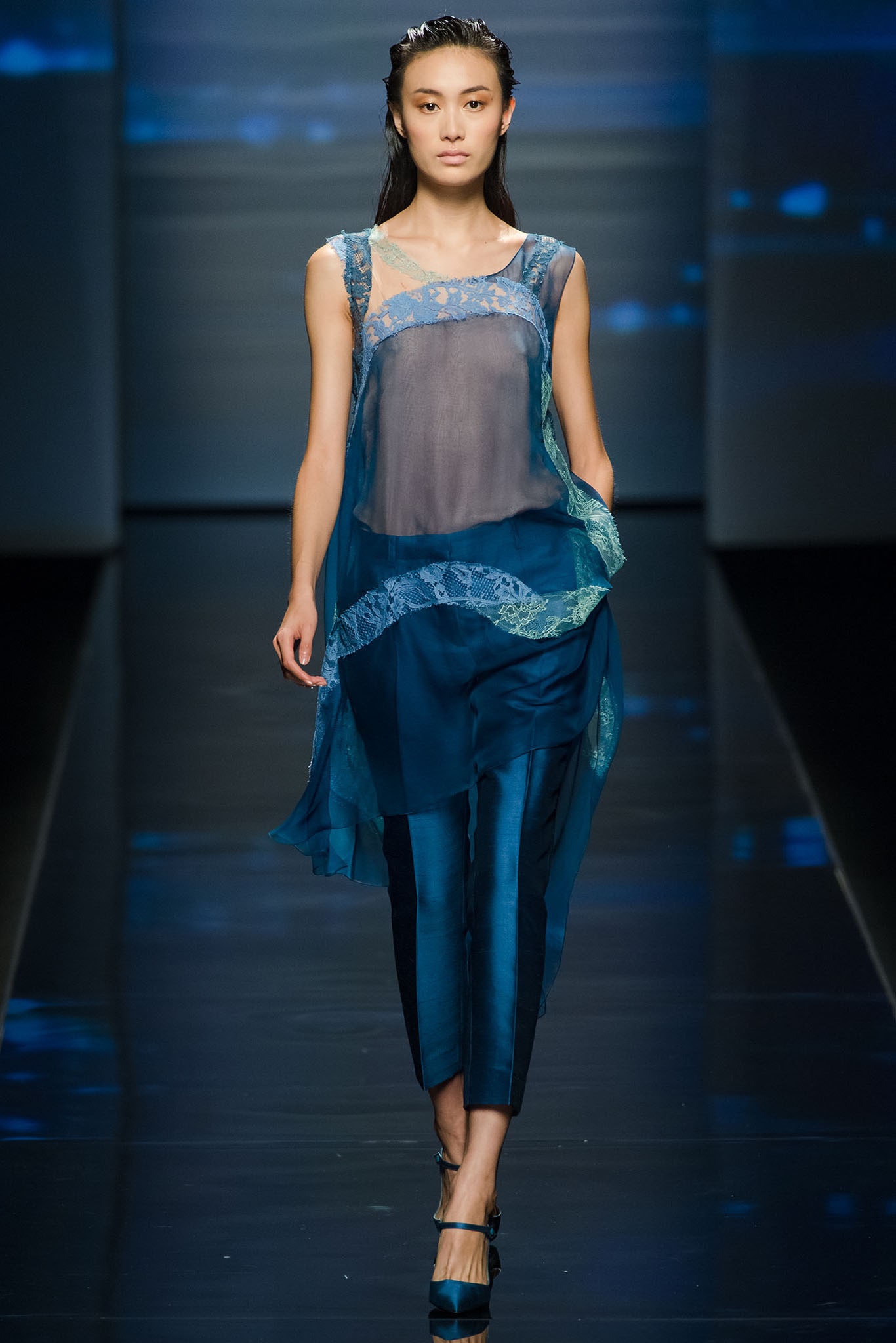 blue silk sleeveless v-neck relaxed layered draped top