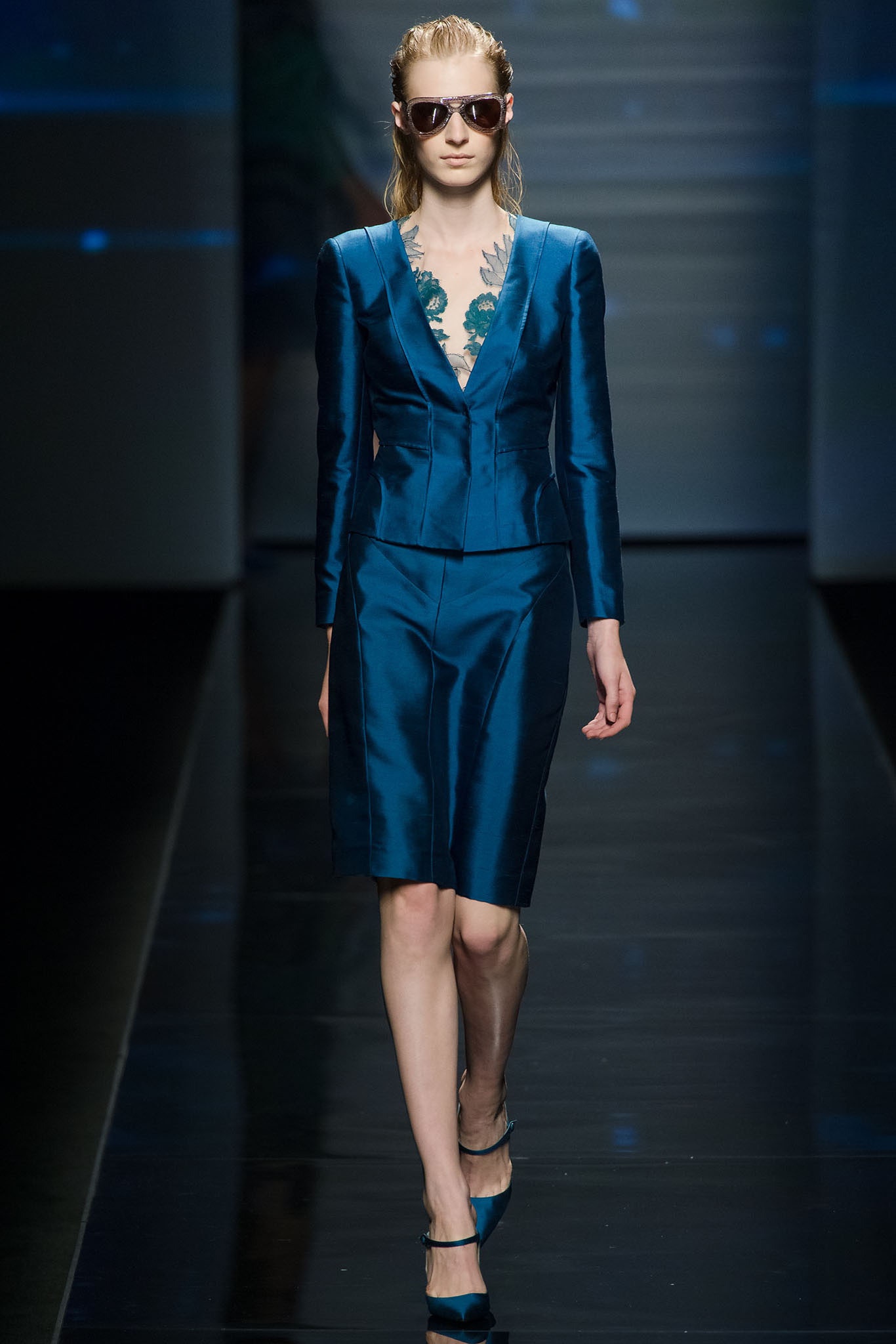 fitted blue silk suit