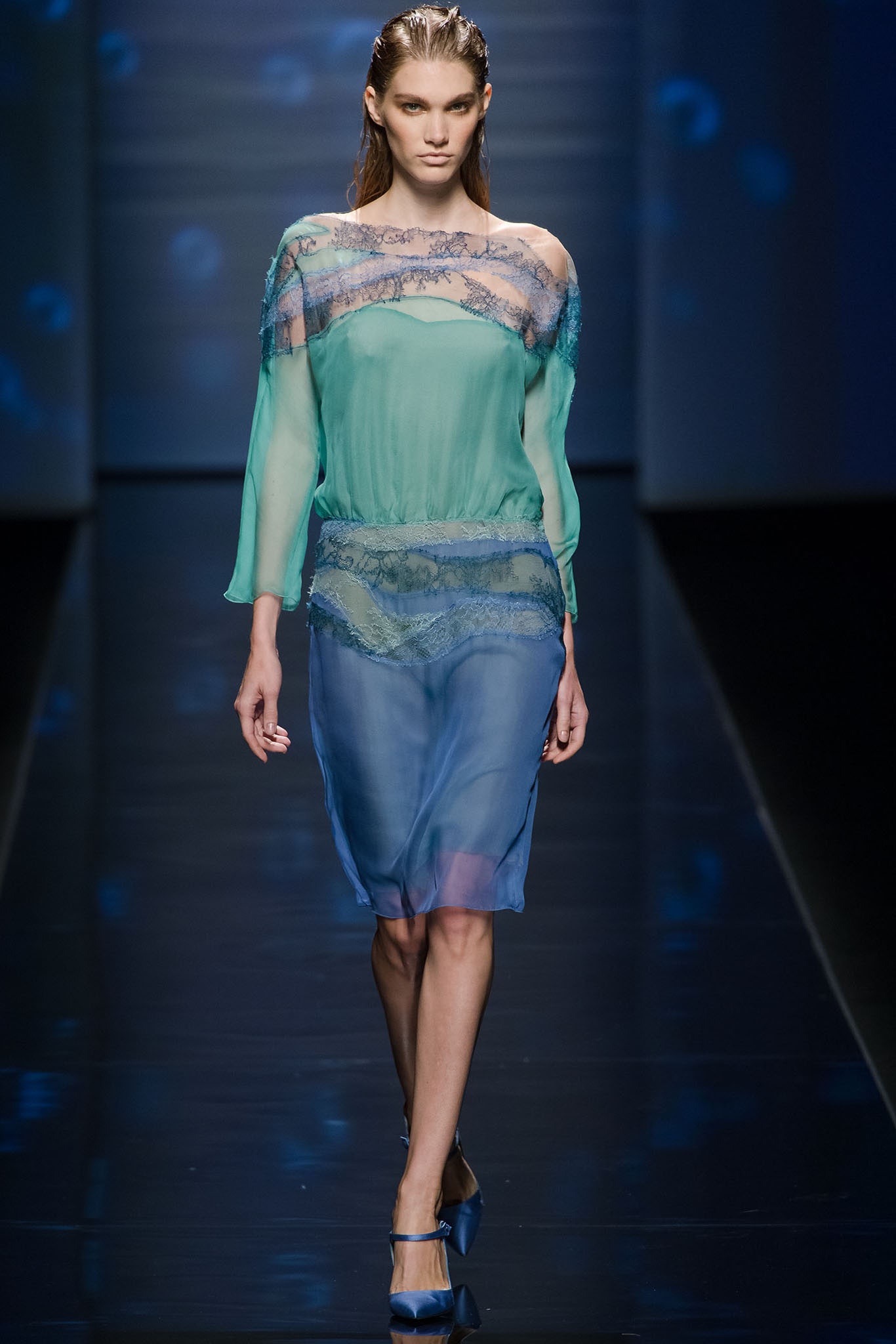 blue green sheer midi dress