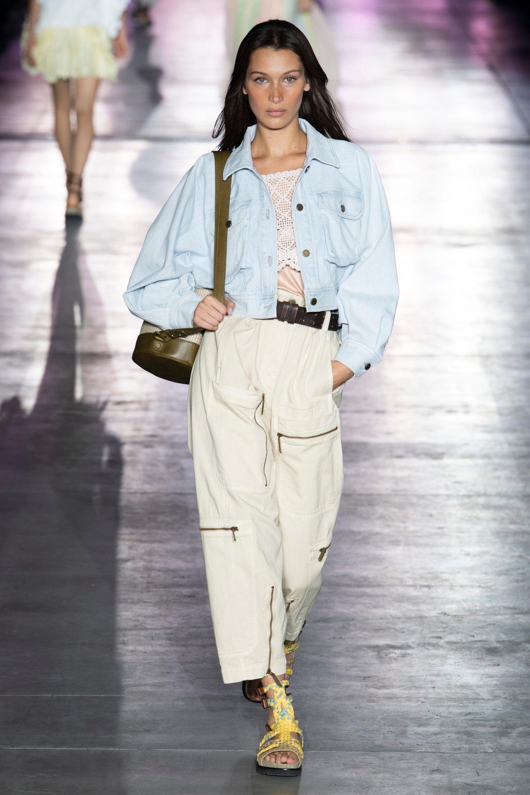 light blue denim jacket with crochet top