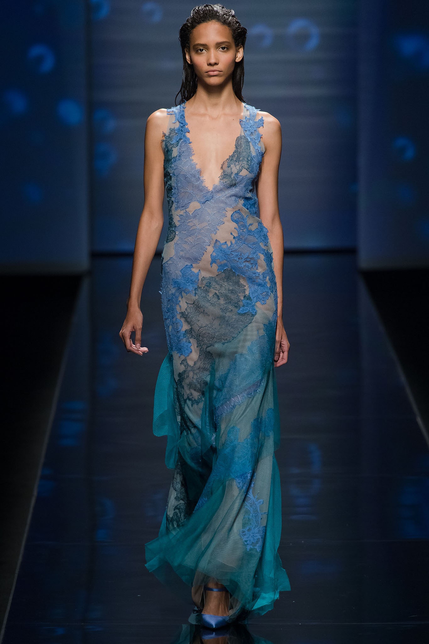blue green sheer flowing gown