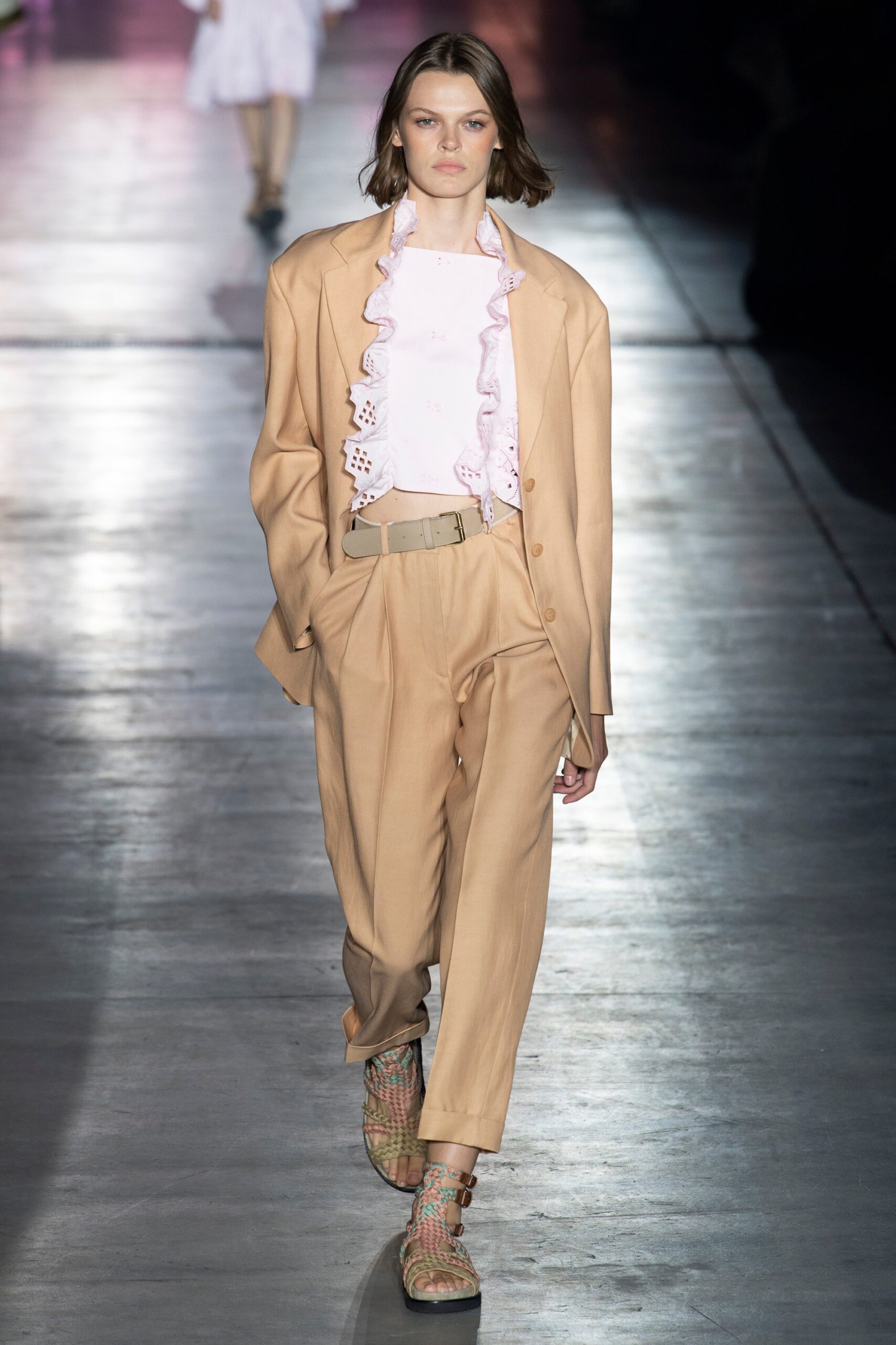 beige tailored blazer with ruffled top