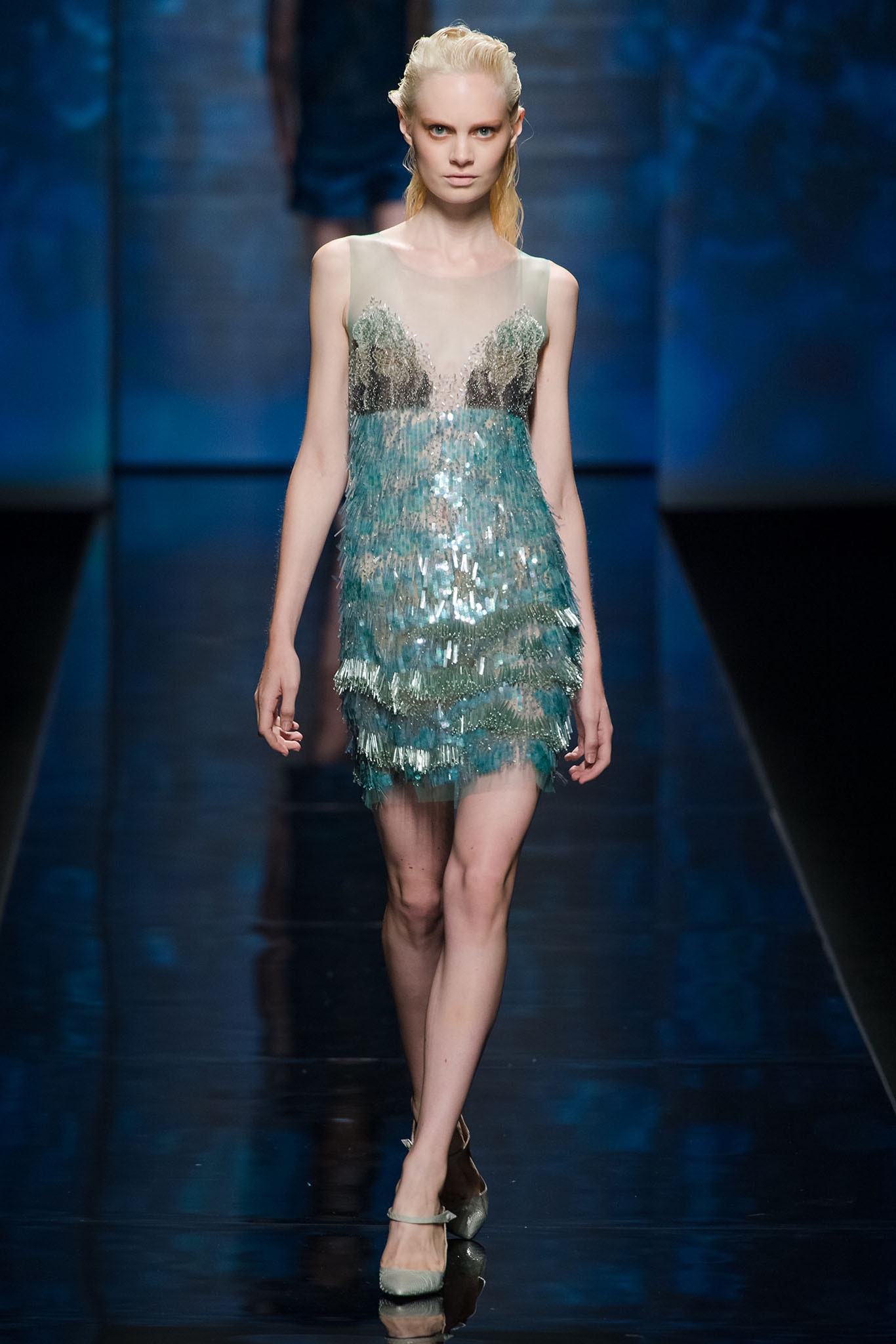 teal sequined sleeveless dress