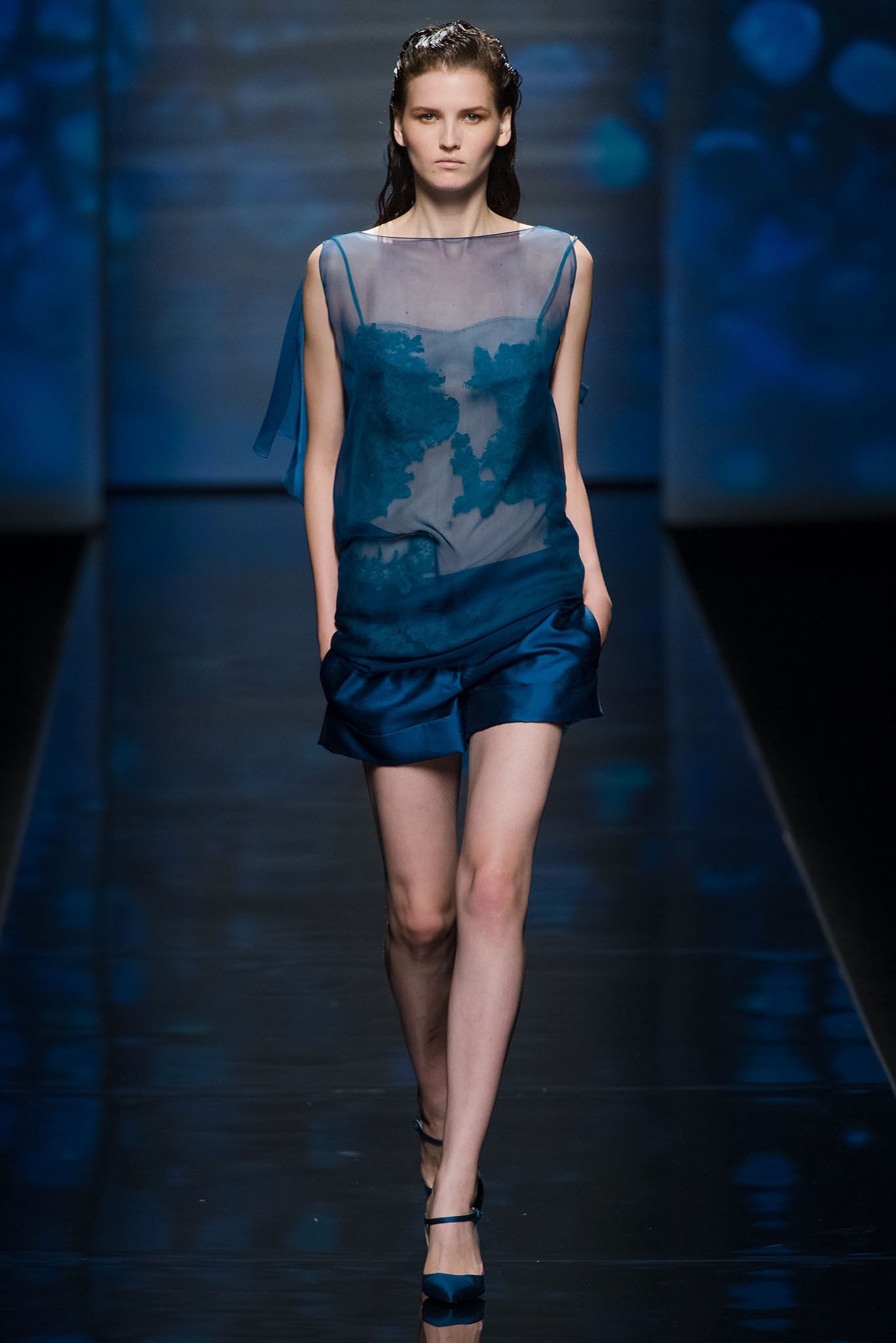 blue silk sleeveless v-neck fitted draped sheer top