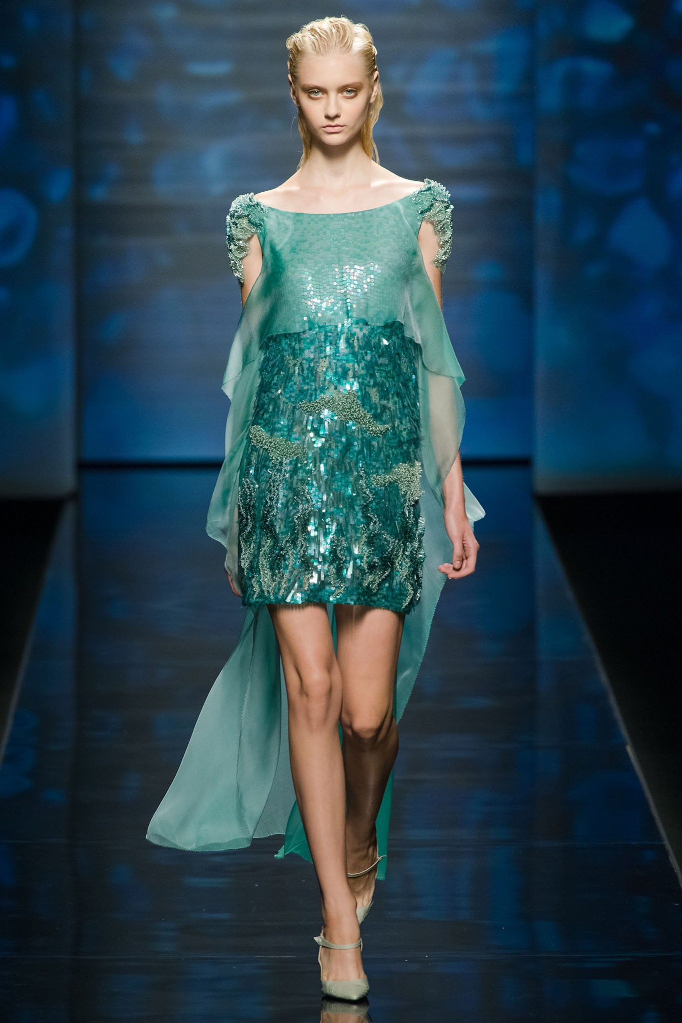 teal sequined off-shoulder dress