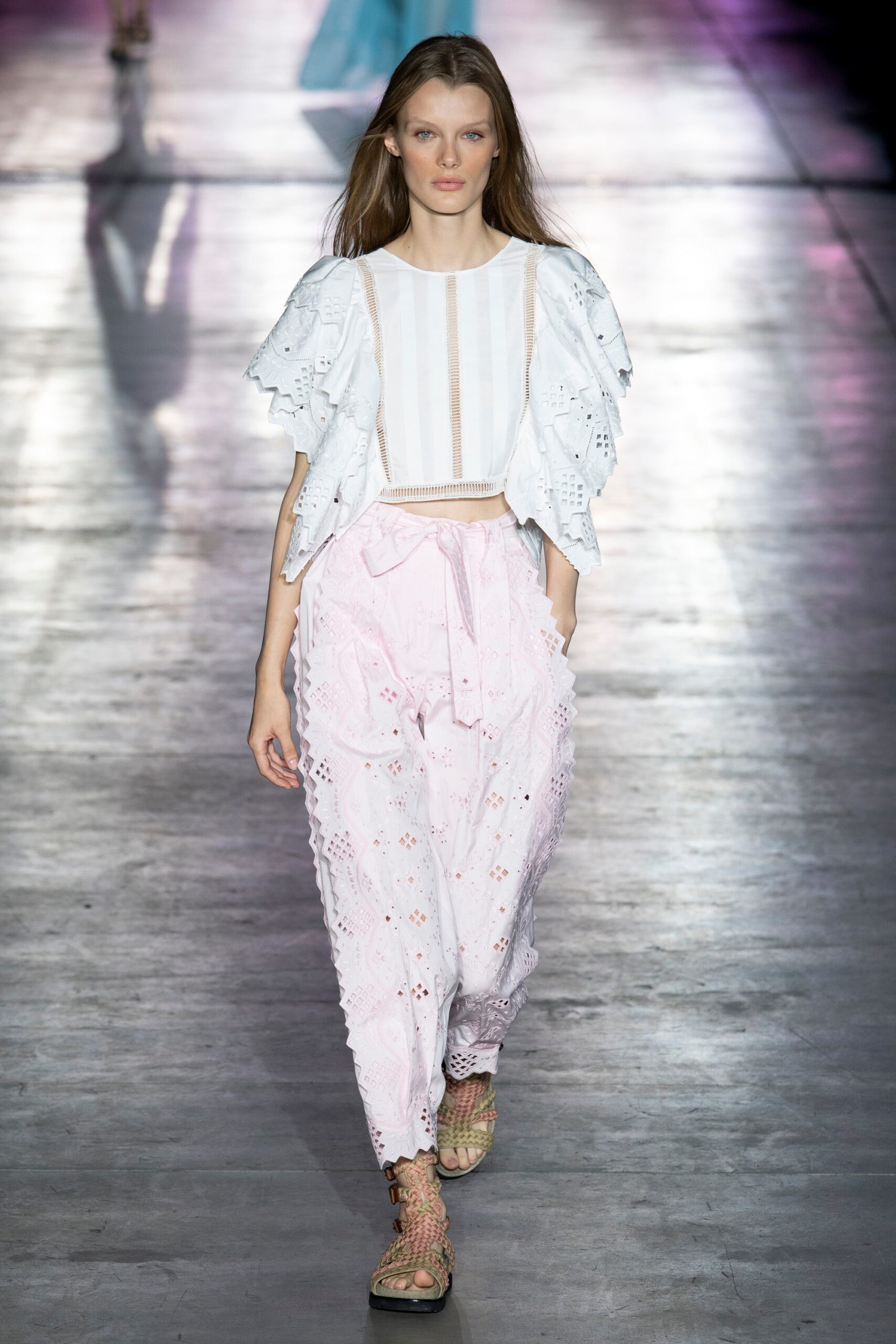 white embroidered top with pink pants