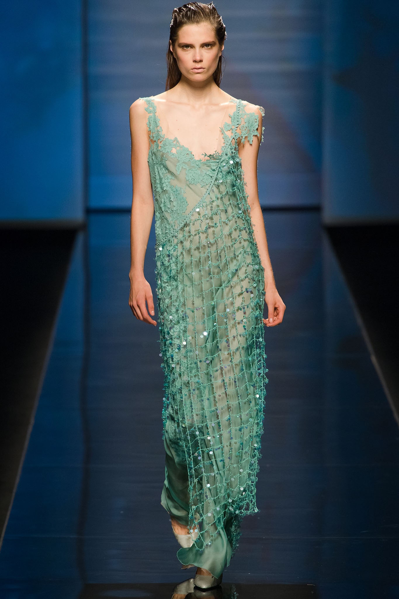 green silk sleeveless gown