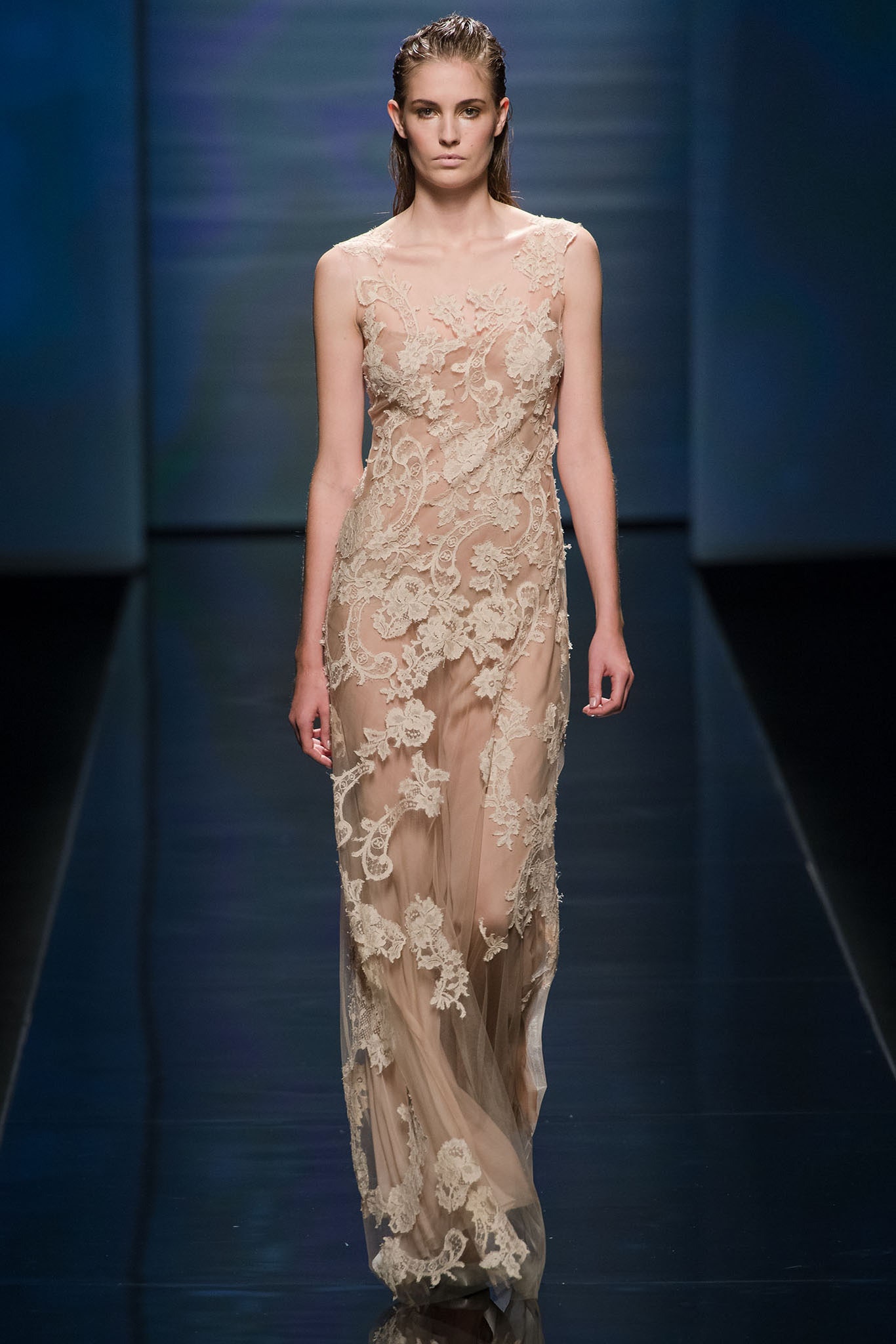 beige silk sleeveless gown