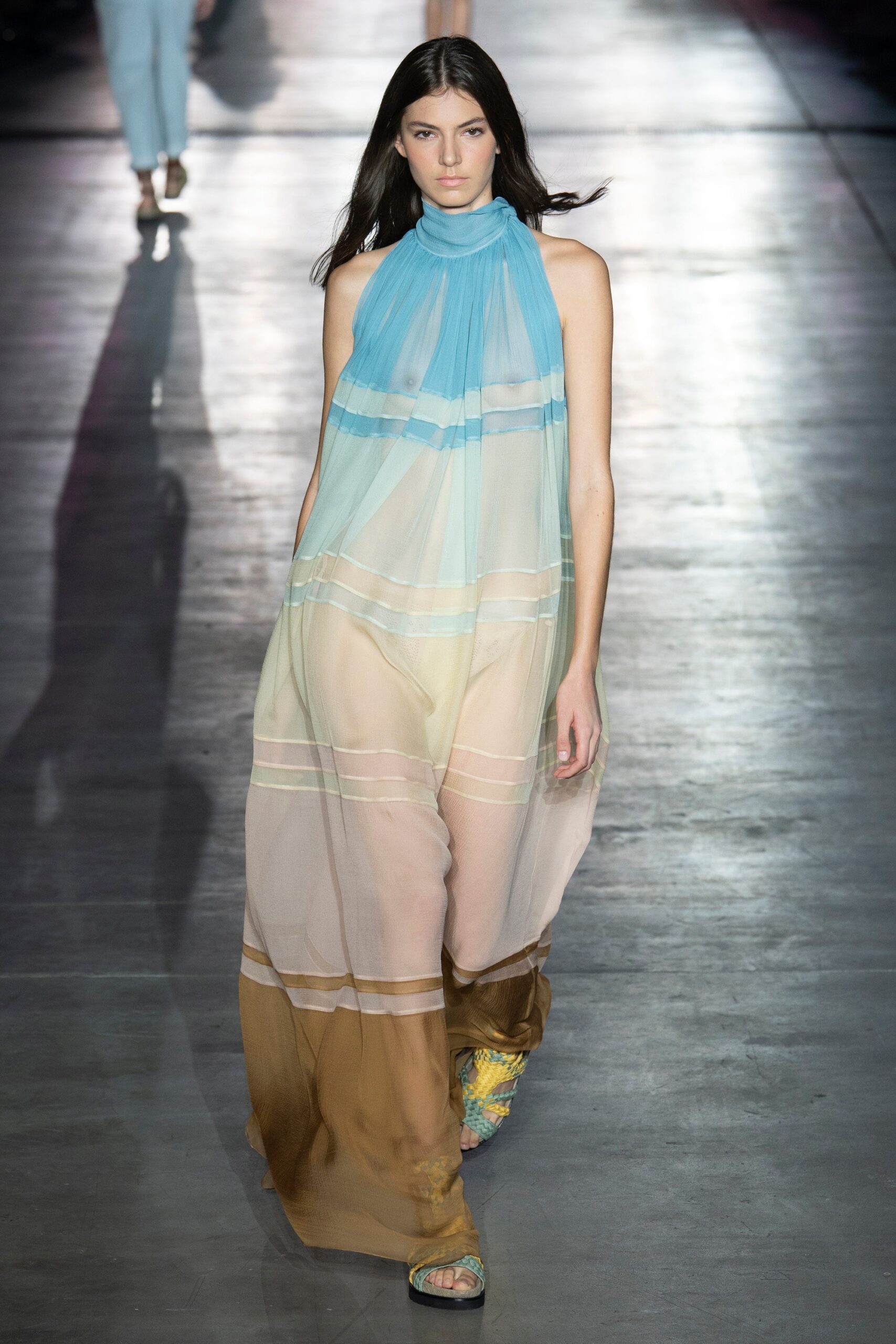 blue and brown layered maxi dress