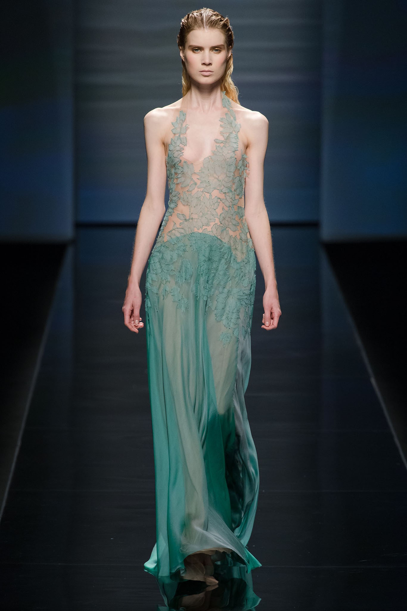 teal silk embroidered gown