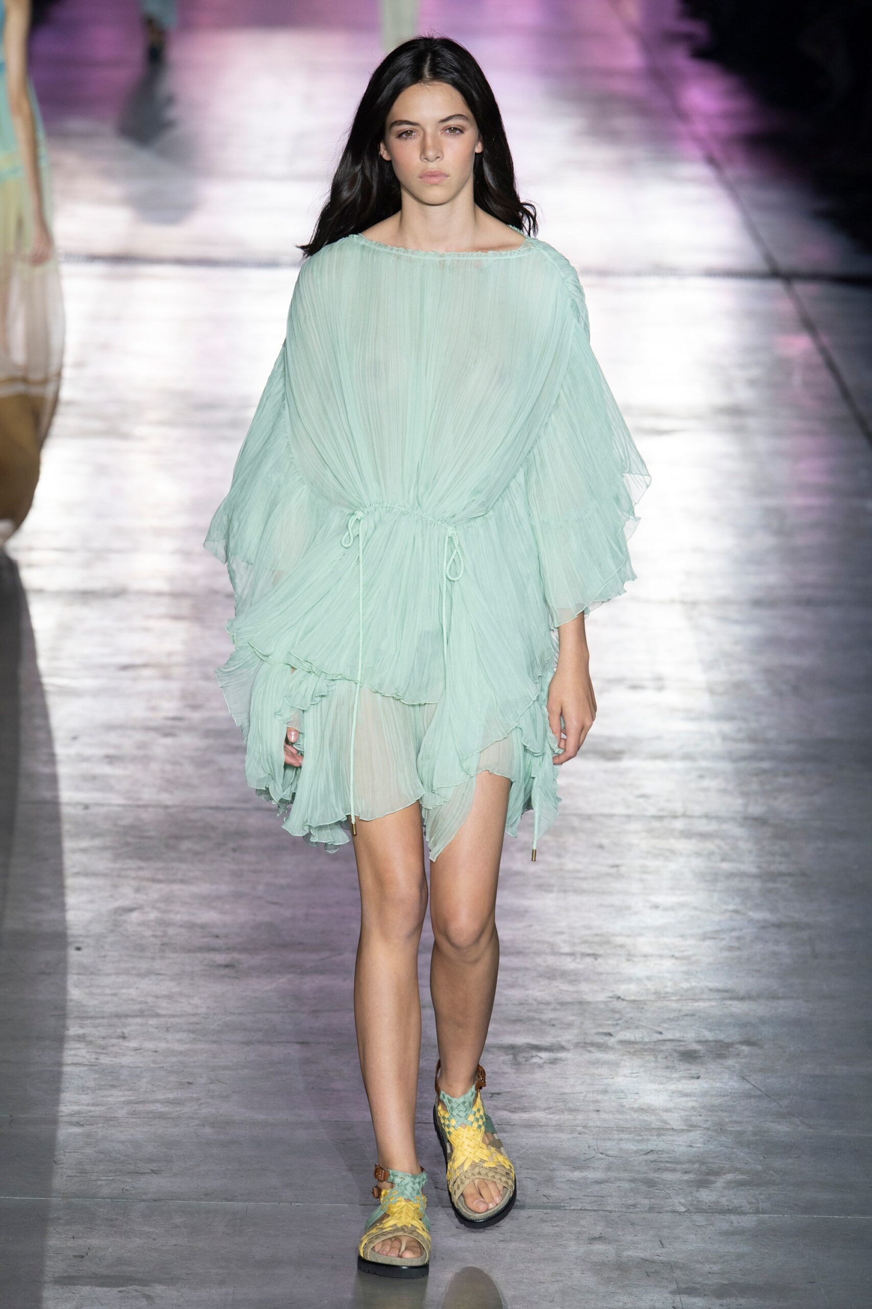 green chiffon off-shoulder dress