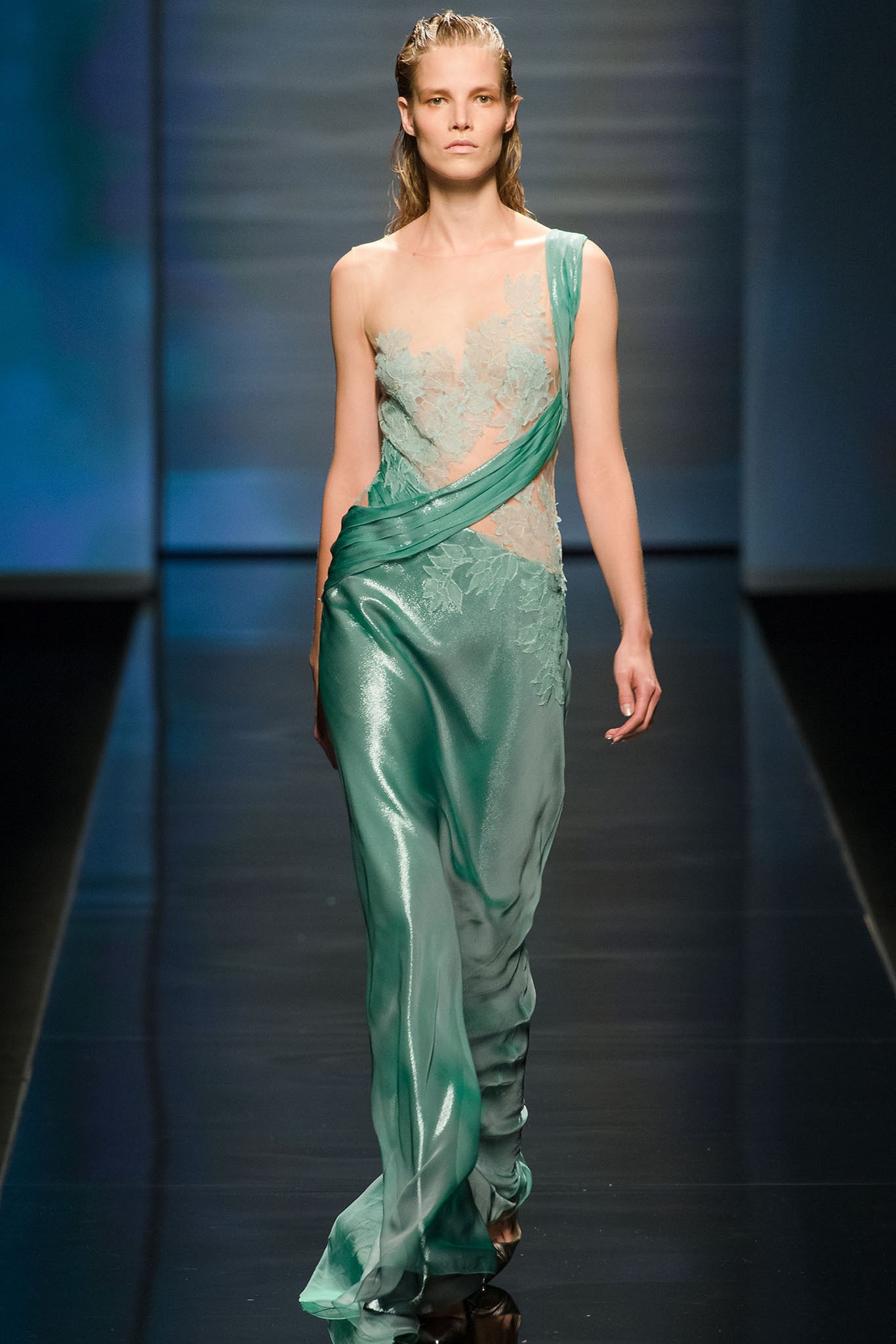 fitted green silk gown