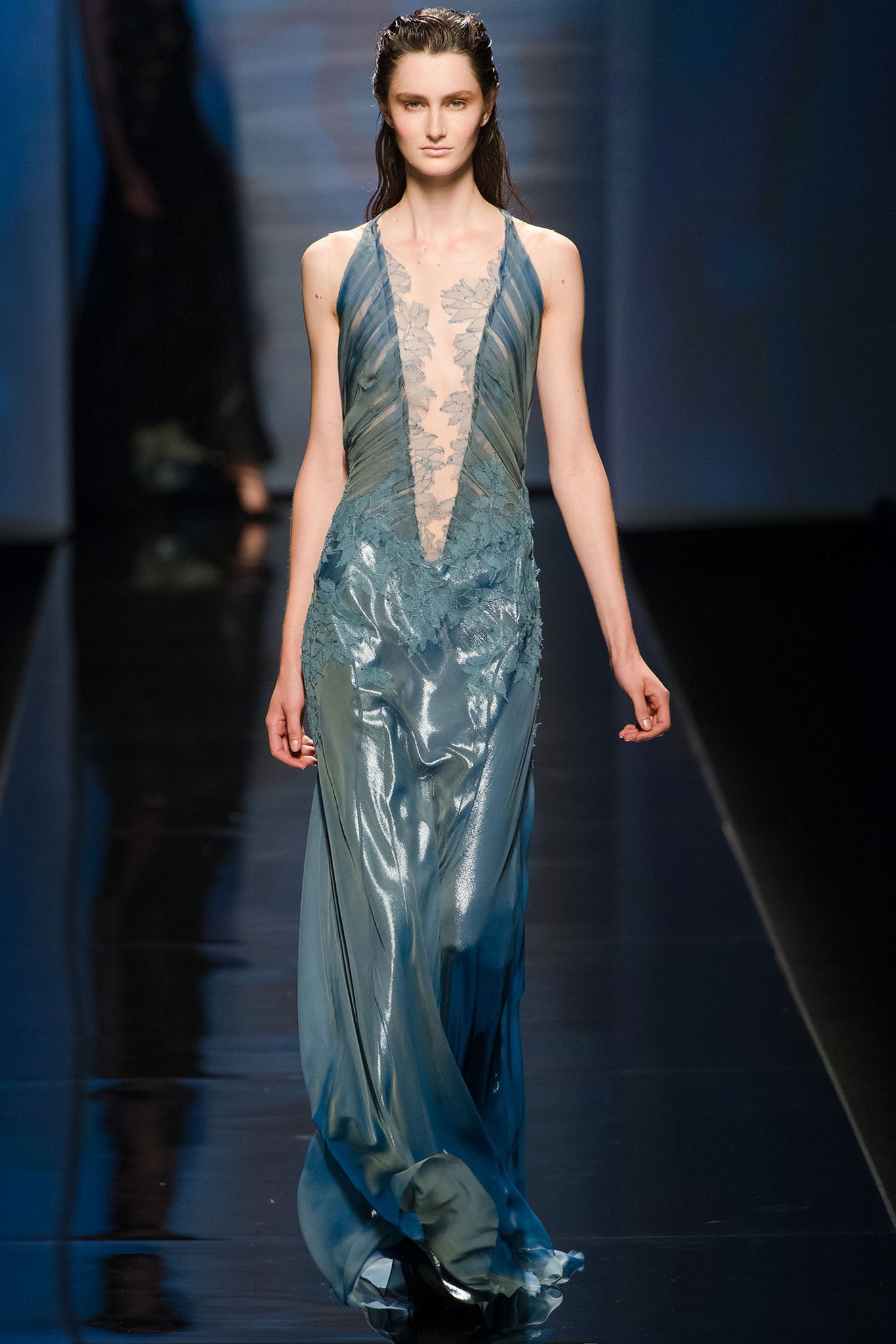 blue silk sleeveless gown