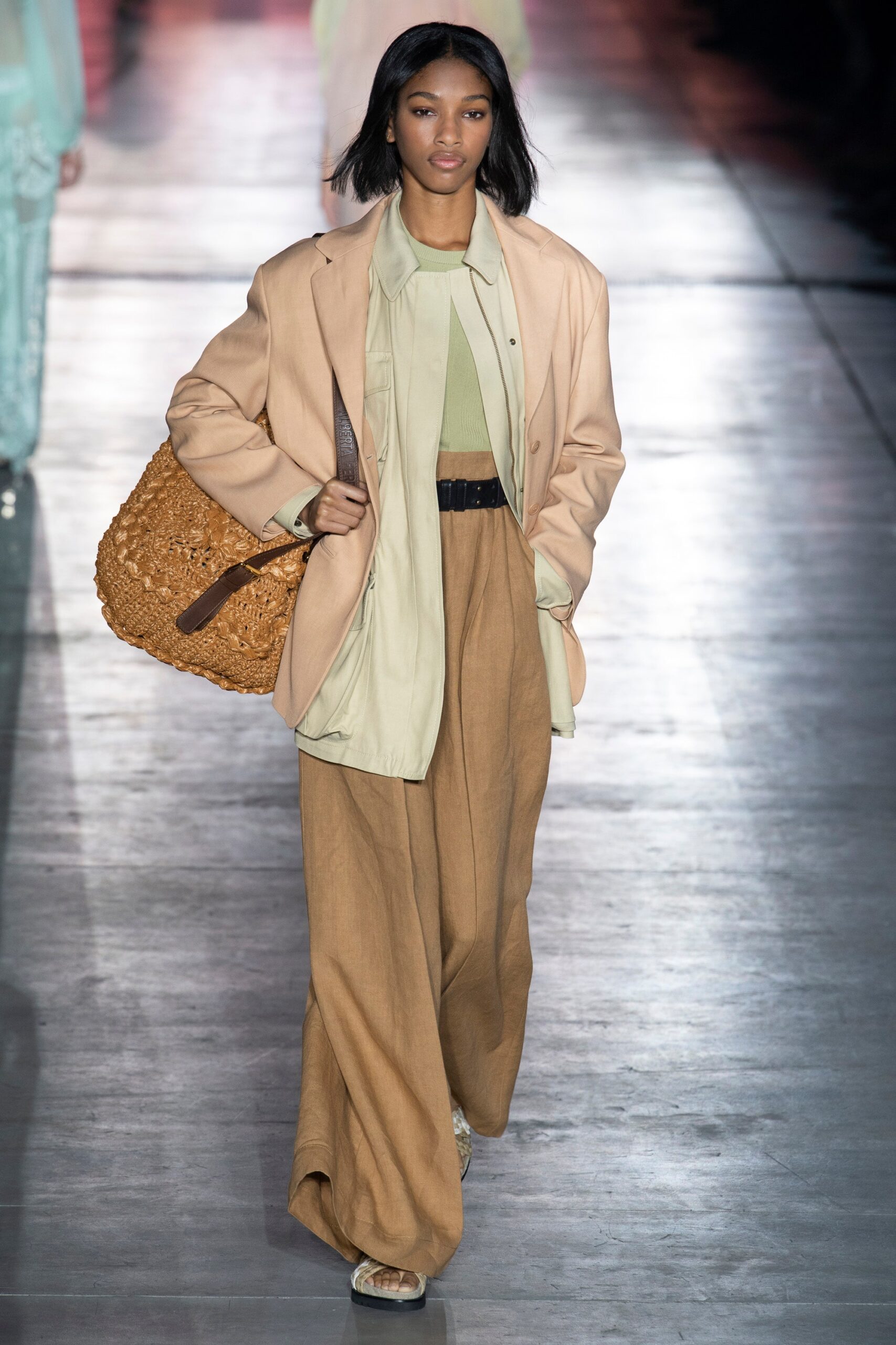 beige blazer with wide-leg pants