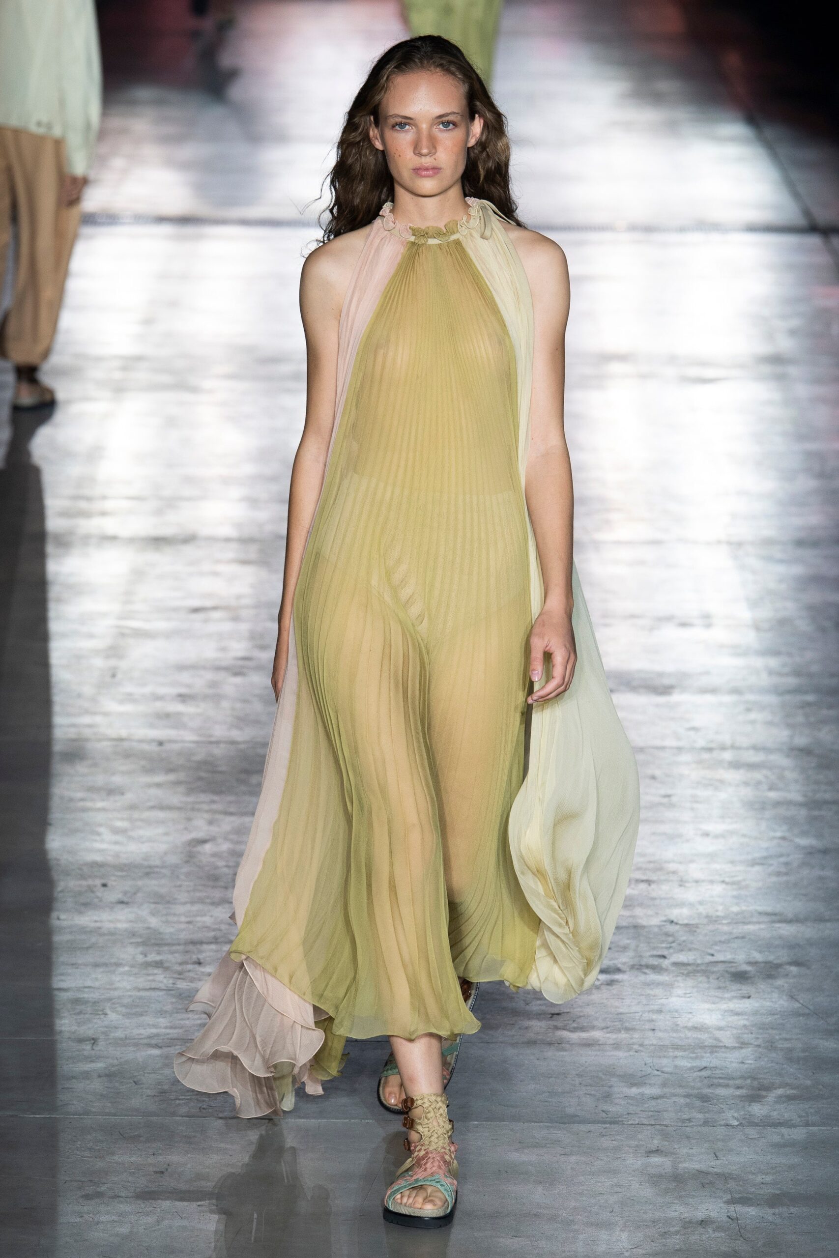 green beige pleated maxi dress