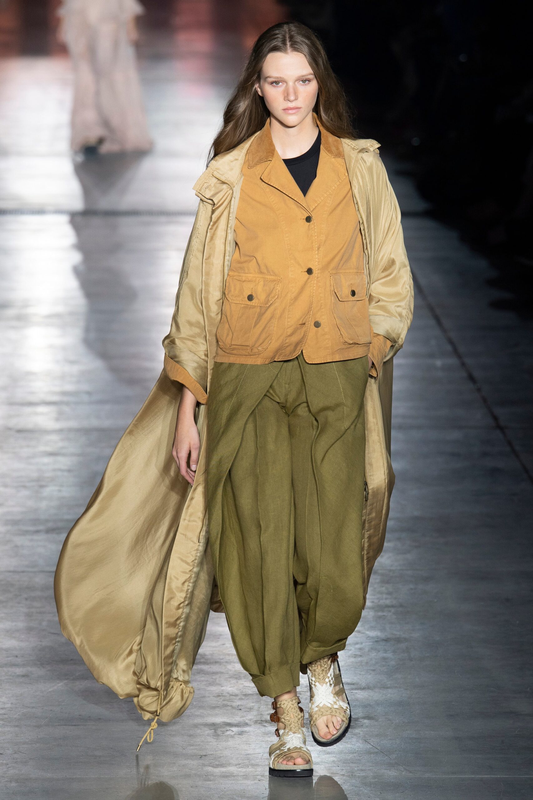 beige silk long-sleeve collared relaxed draped flowing coat