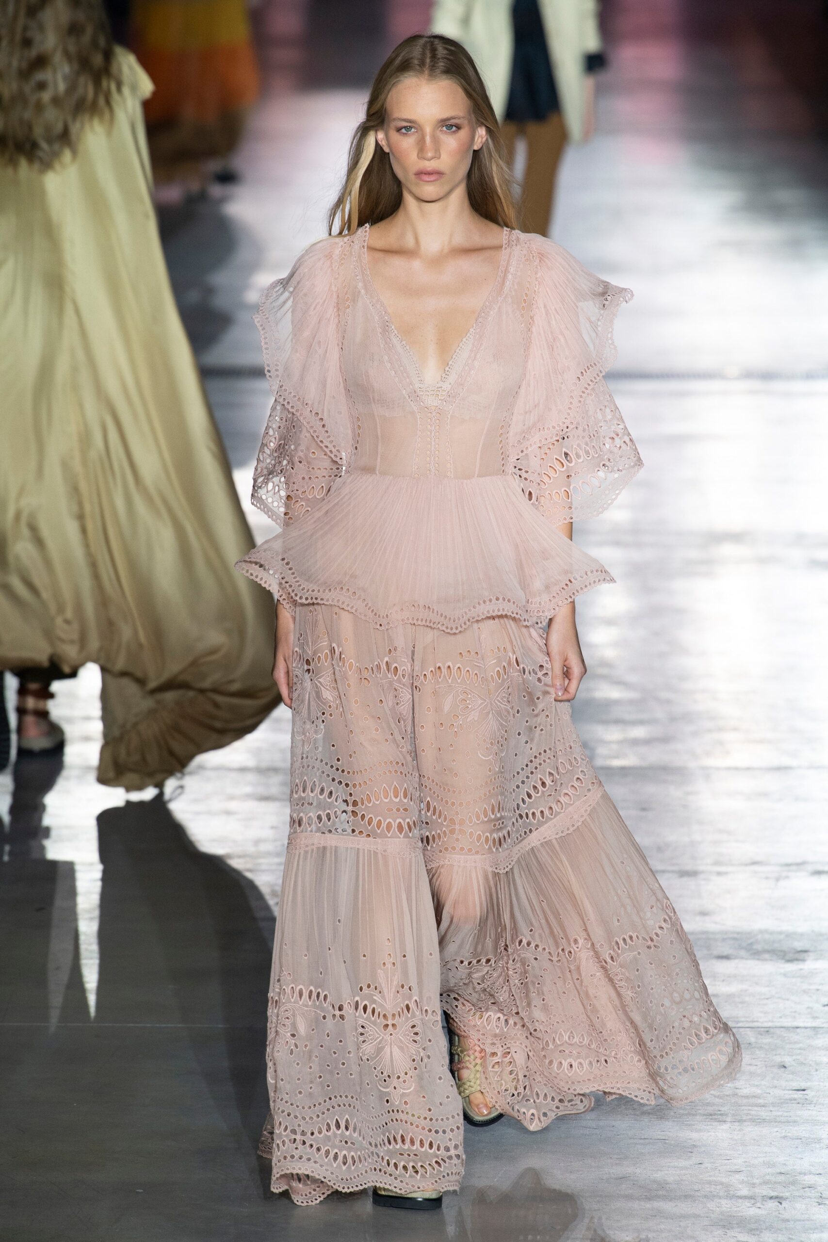 pink ruffled maxi gown
