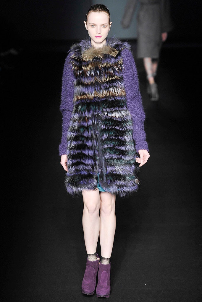 purple fur coat with blue dress
