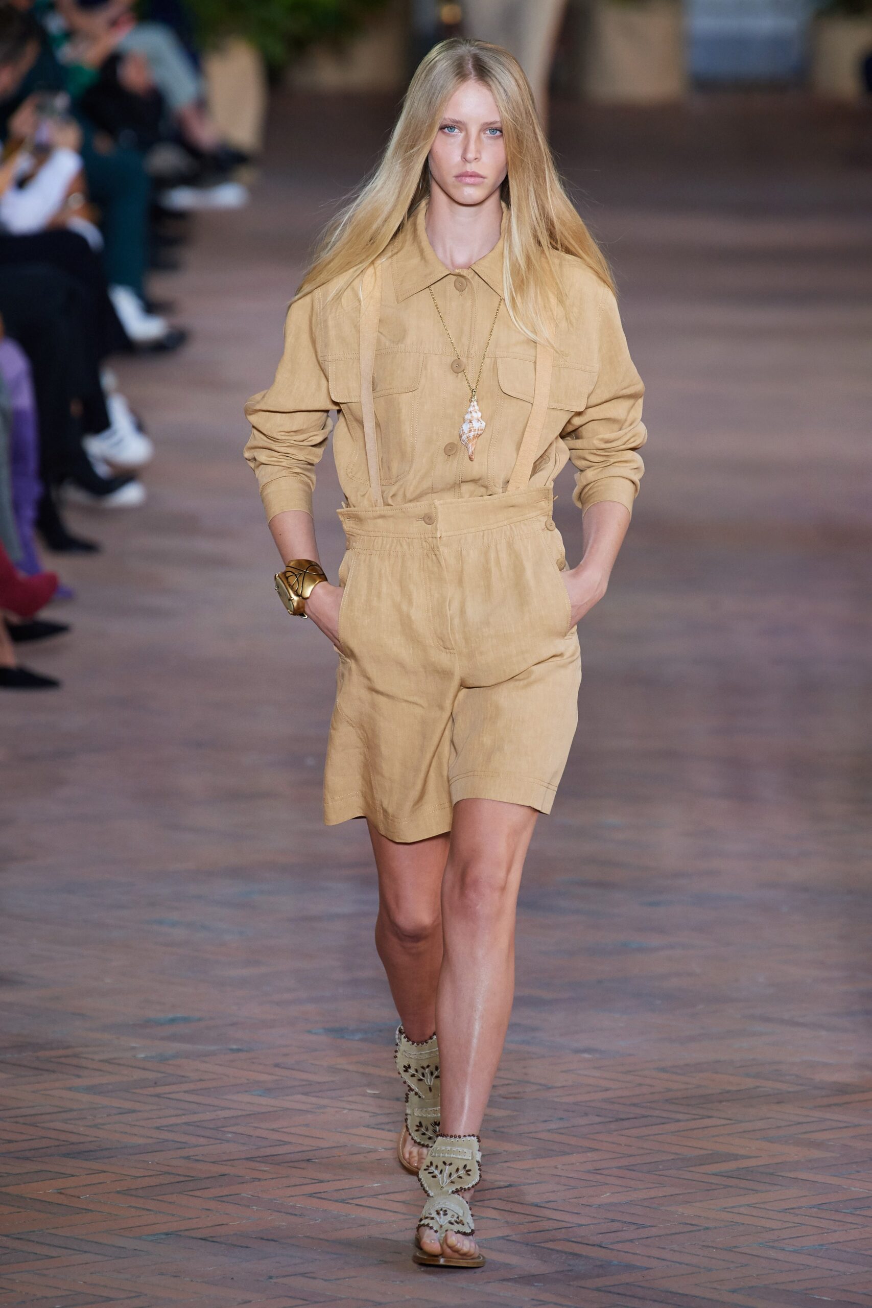 beige cotton long-sleeve collared relaxed buttoned pockets jumpsuit