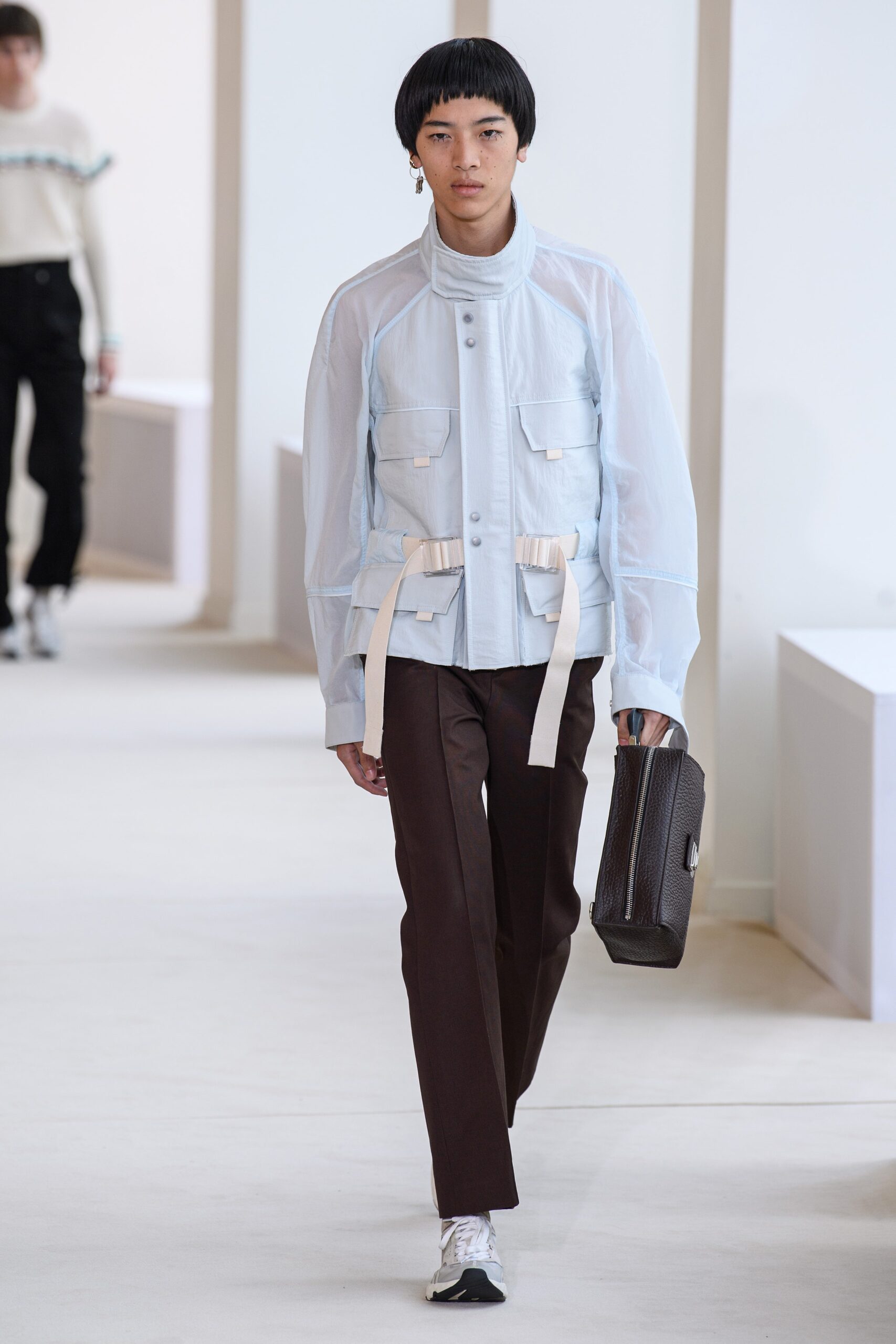 light blue relaxed jacket with brown pants