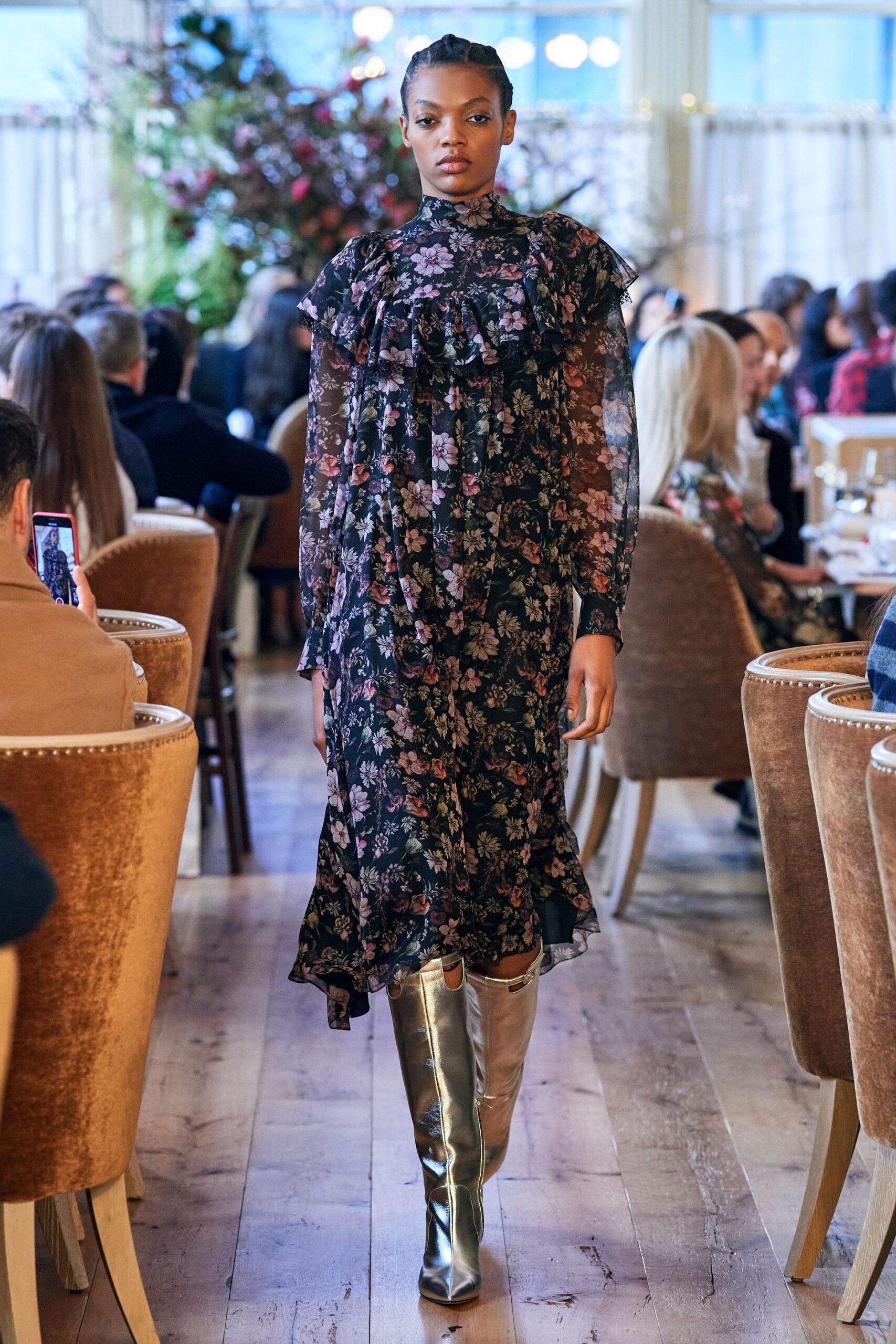 black chiffon long-sleeve high-neck relaxed ruffled flared dress