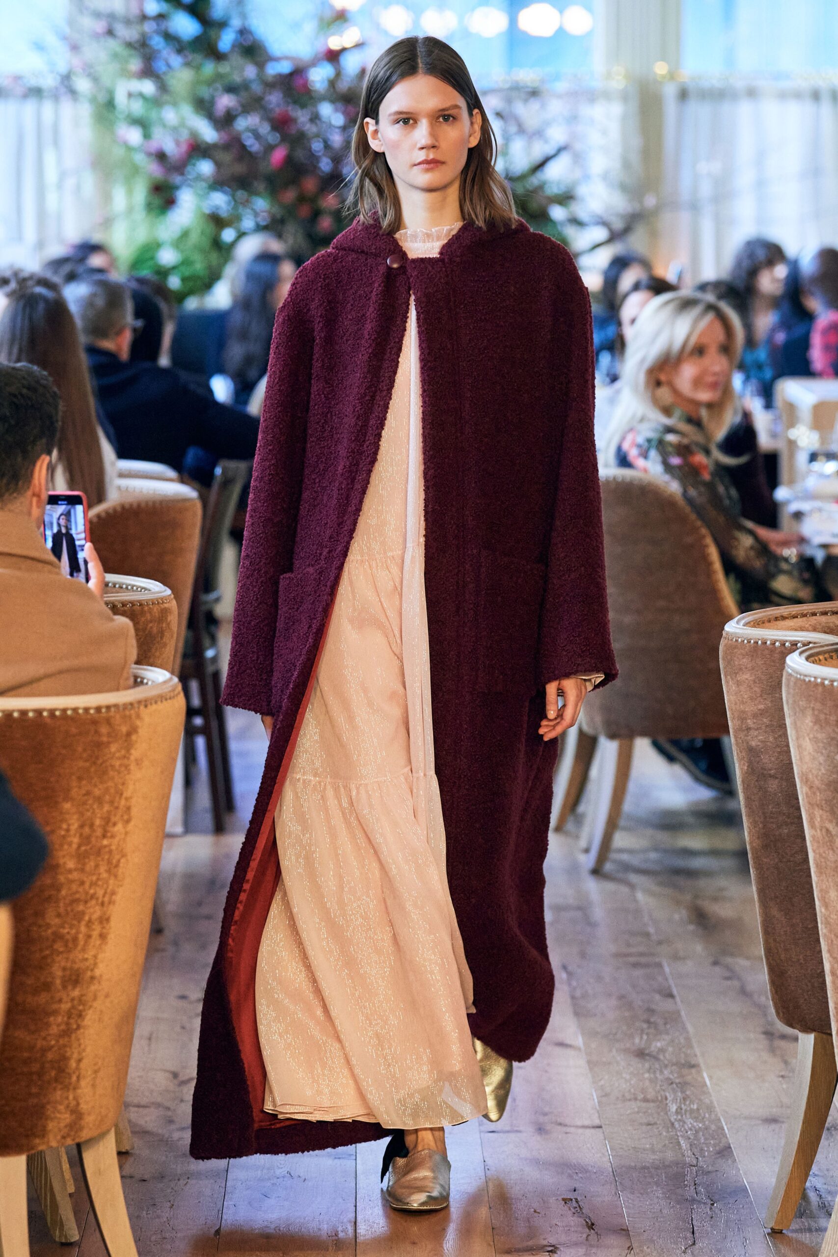 maroon wool coat with white dress