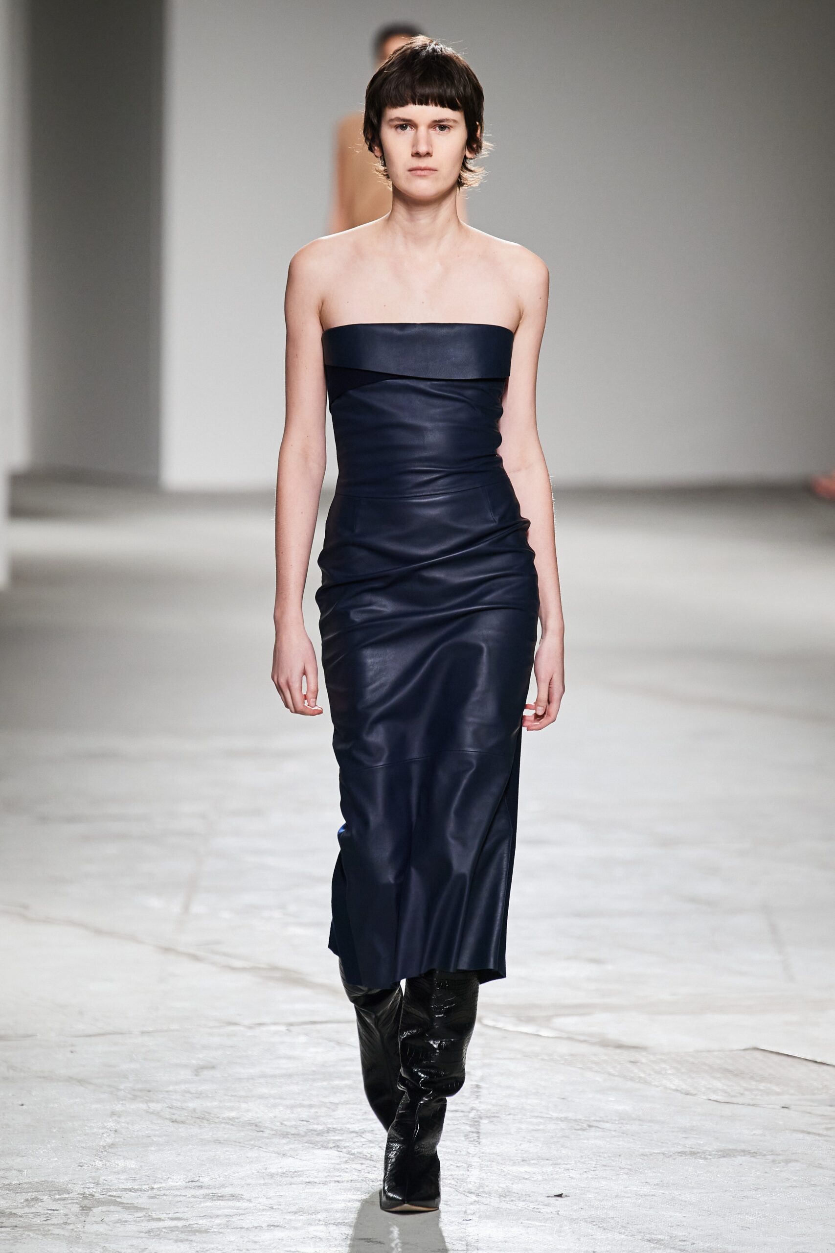 blue leather strapless midi dress