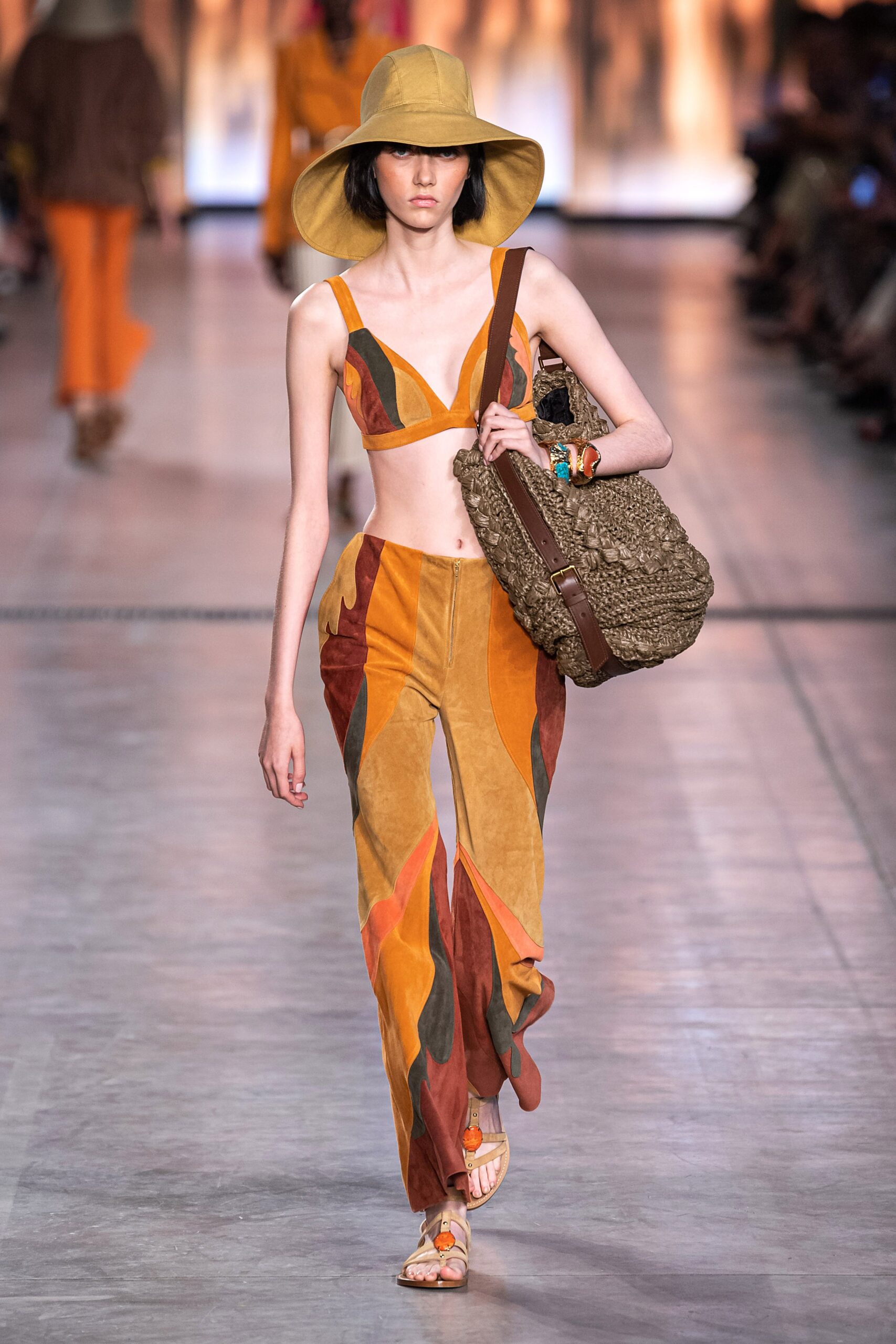 colorful bikini and flared pants