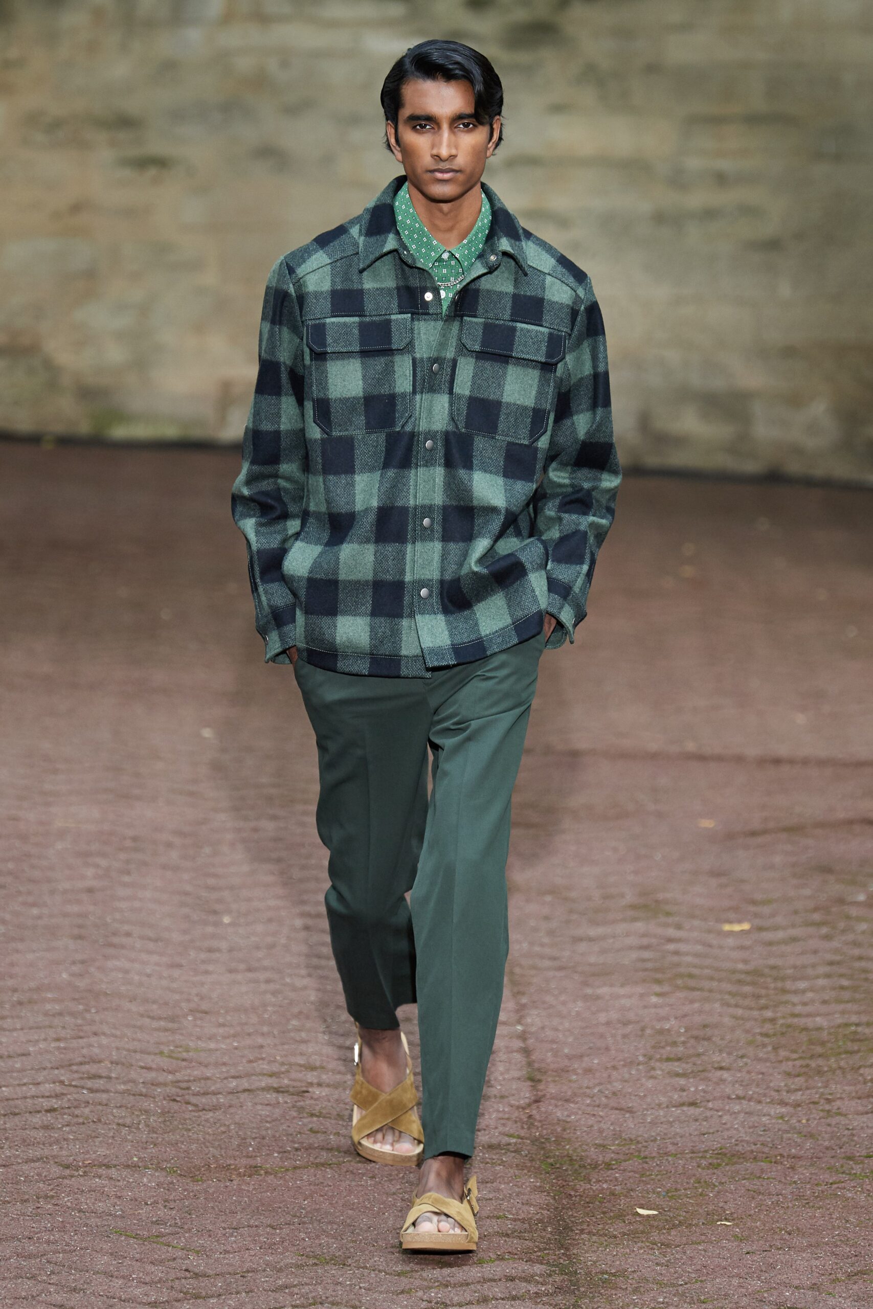 green checked shirt with tailored pants