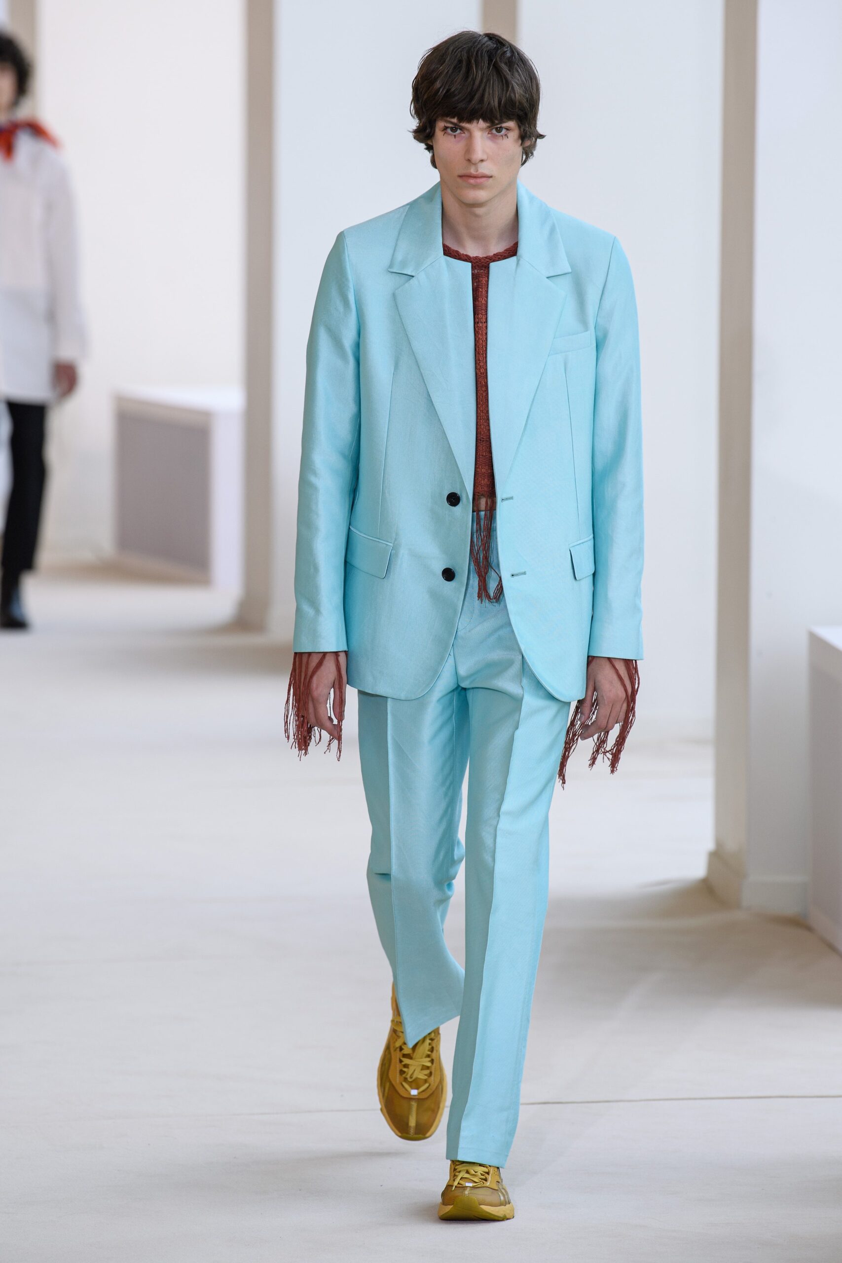 blue cotton long-sleeve collared tailored buttoned fringed suit