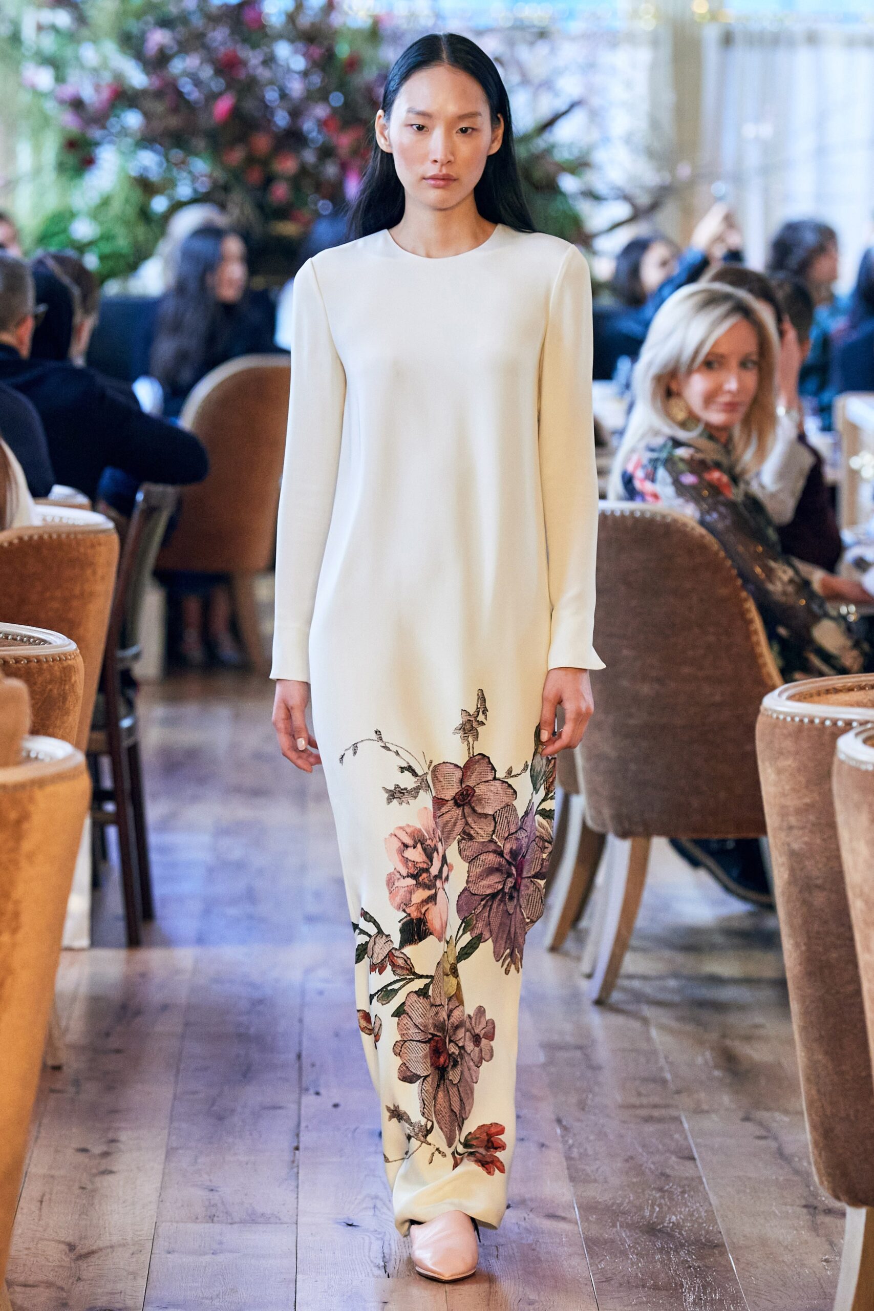 white silk embroidered dress