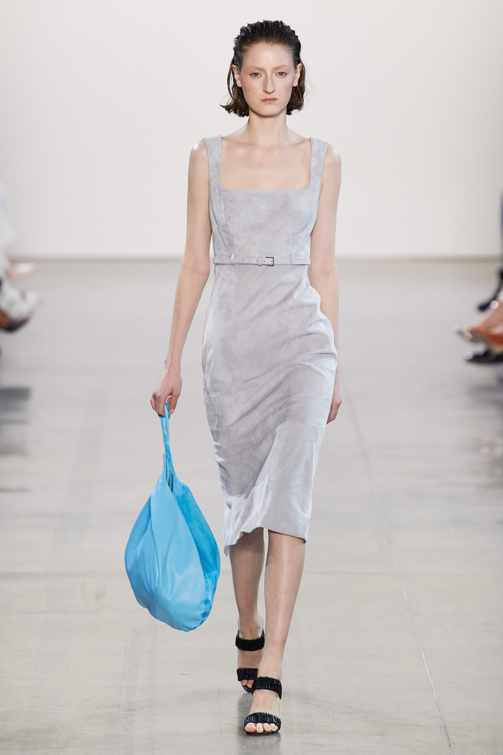fitted gray silk midi dress