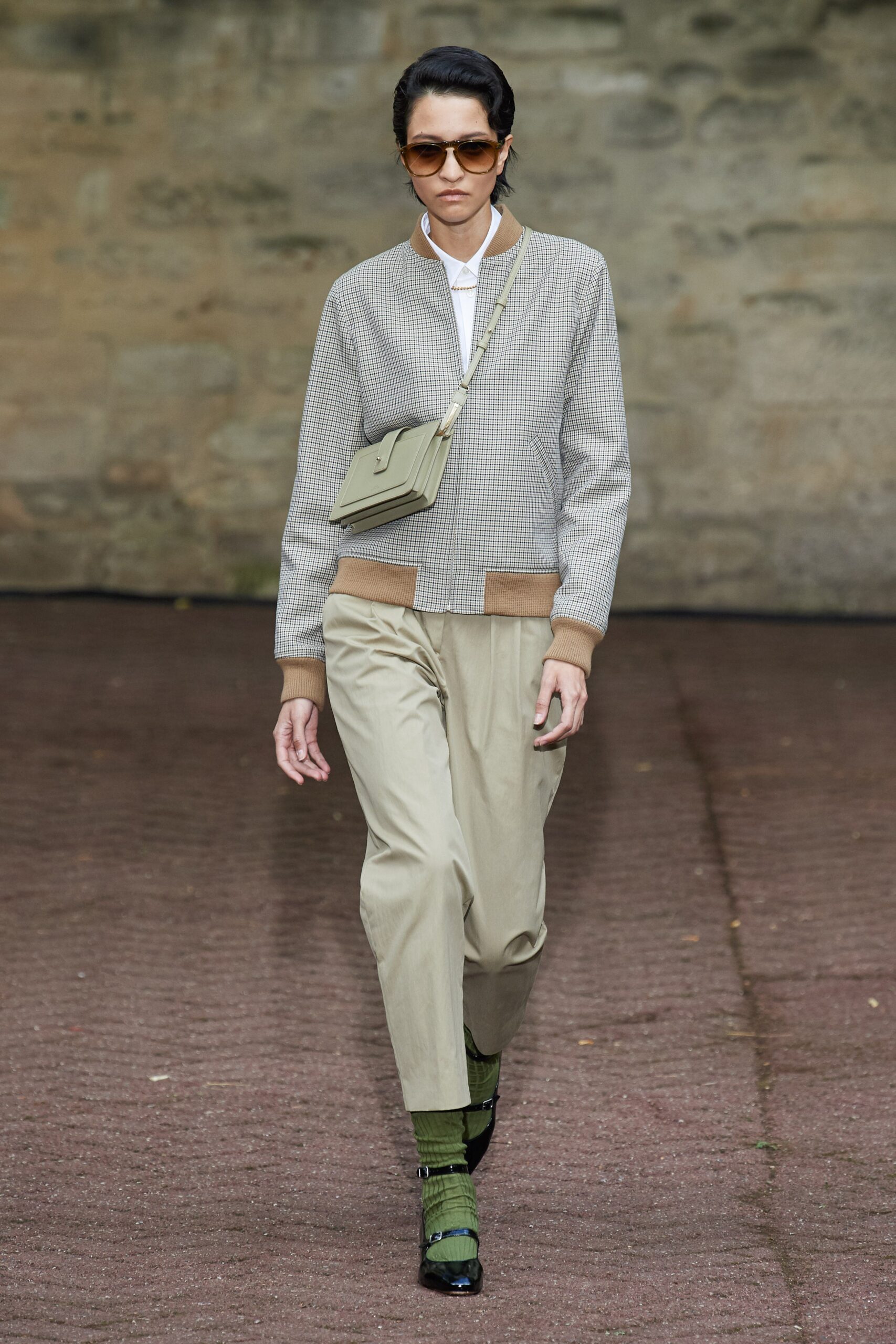 beige checked jacket with relaxed pants