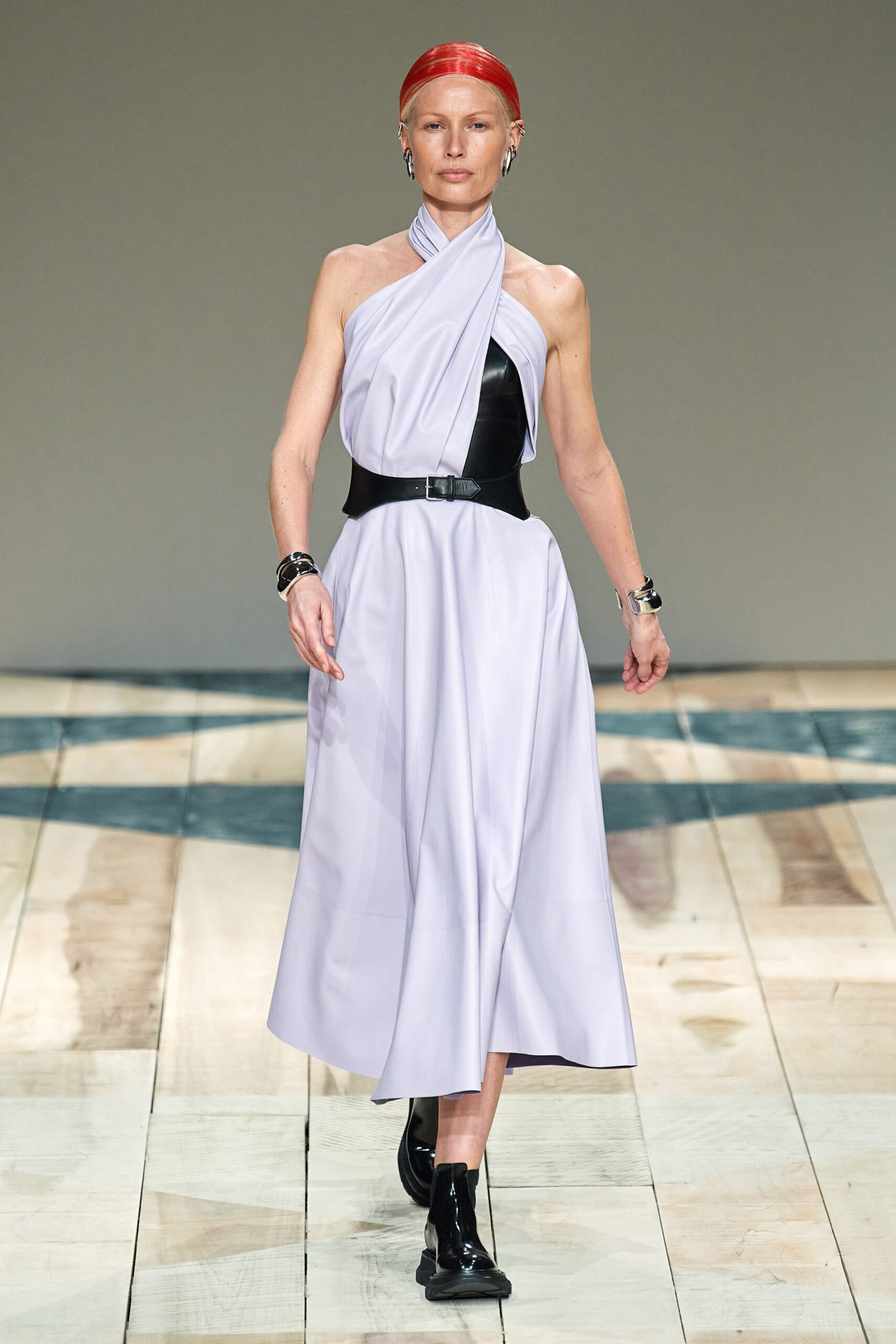 lavender silk sleeveless halter fitted draped a-line dress