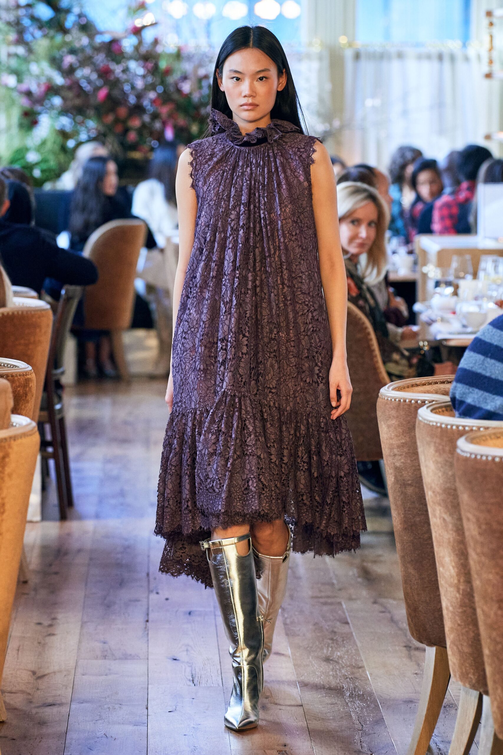 purple lace midi dress with silver boots