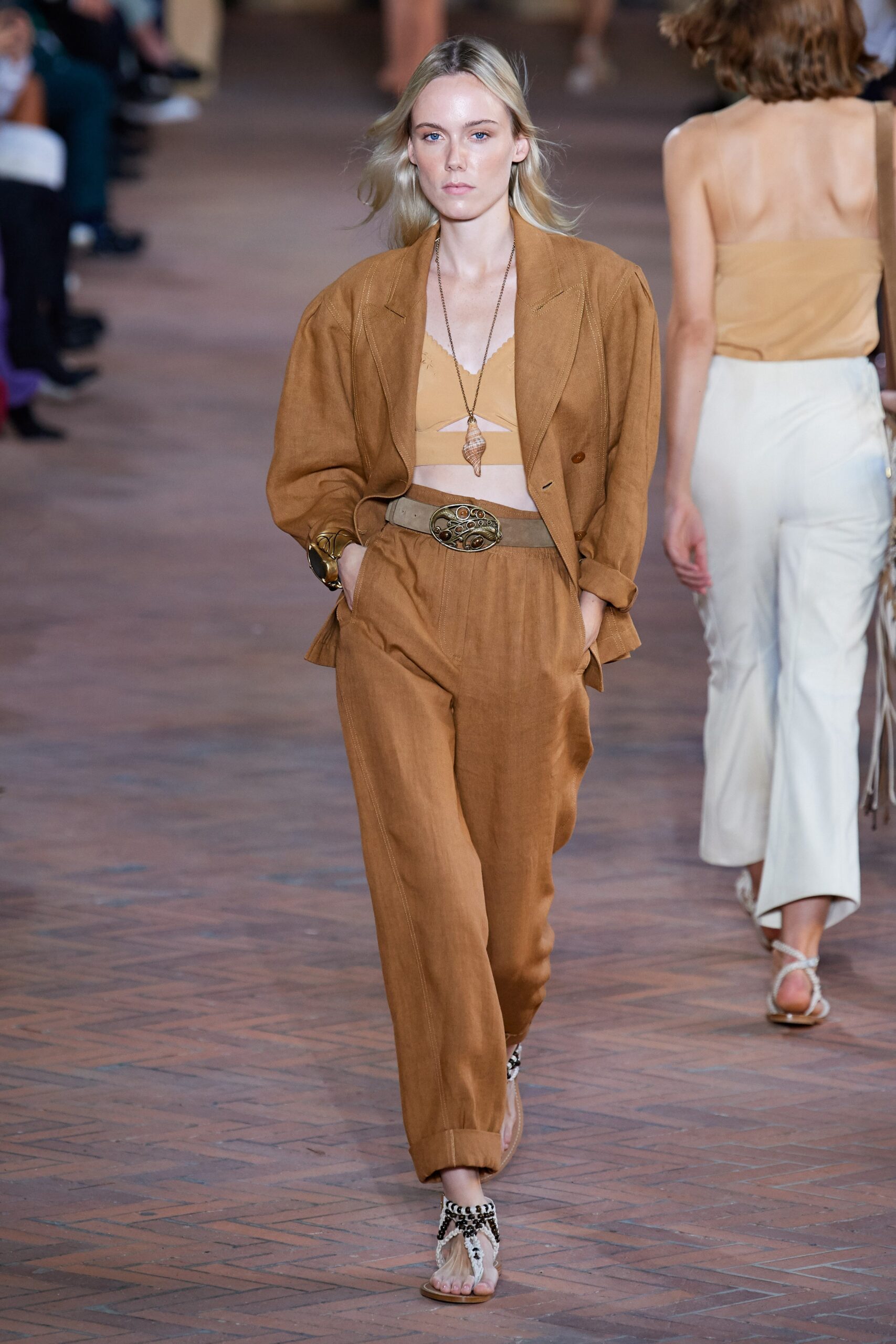 brown linen blazer and pants