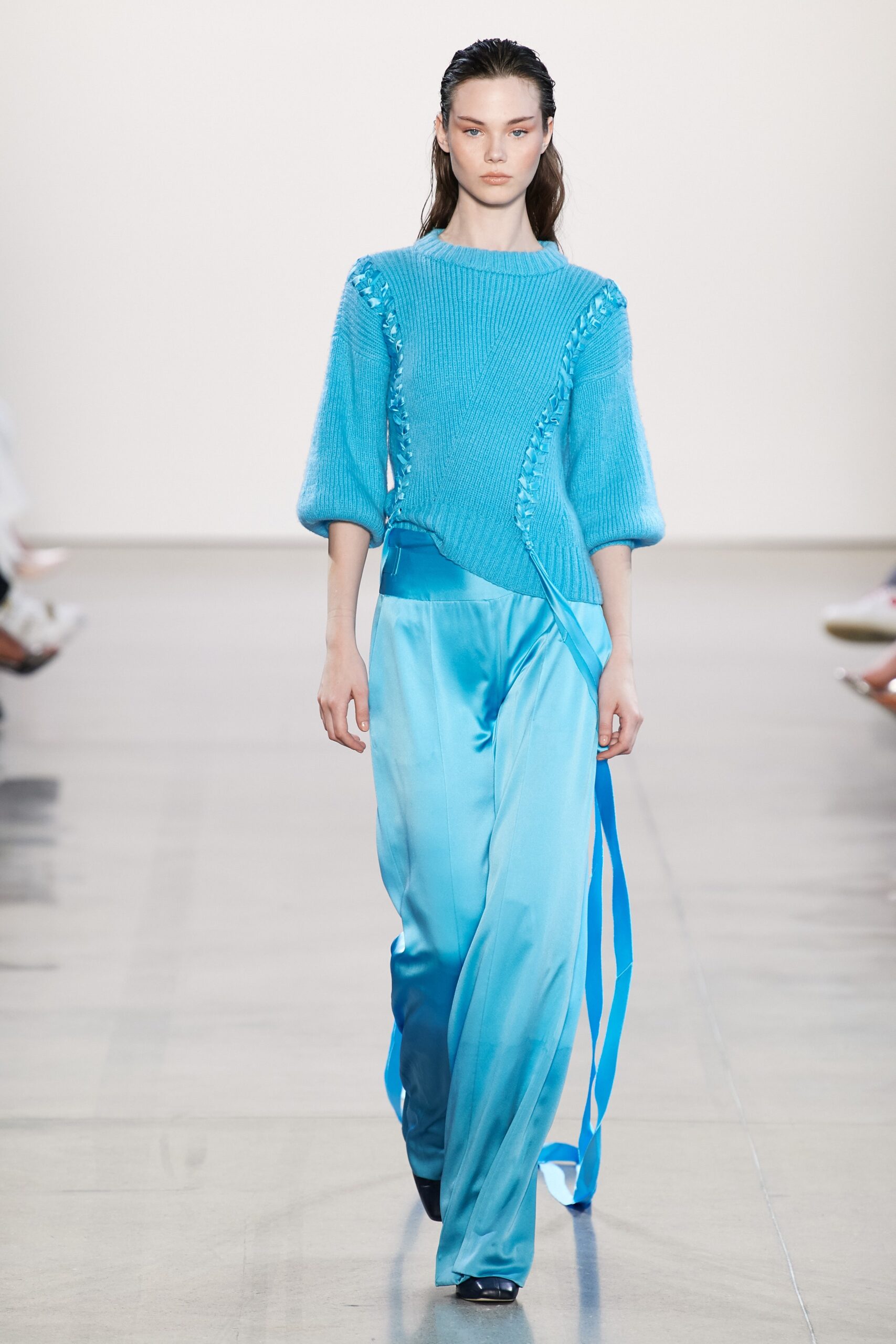 blue silk relaxed straight-leg flowing pants