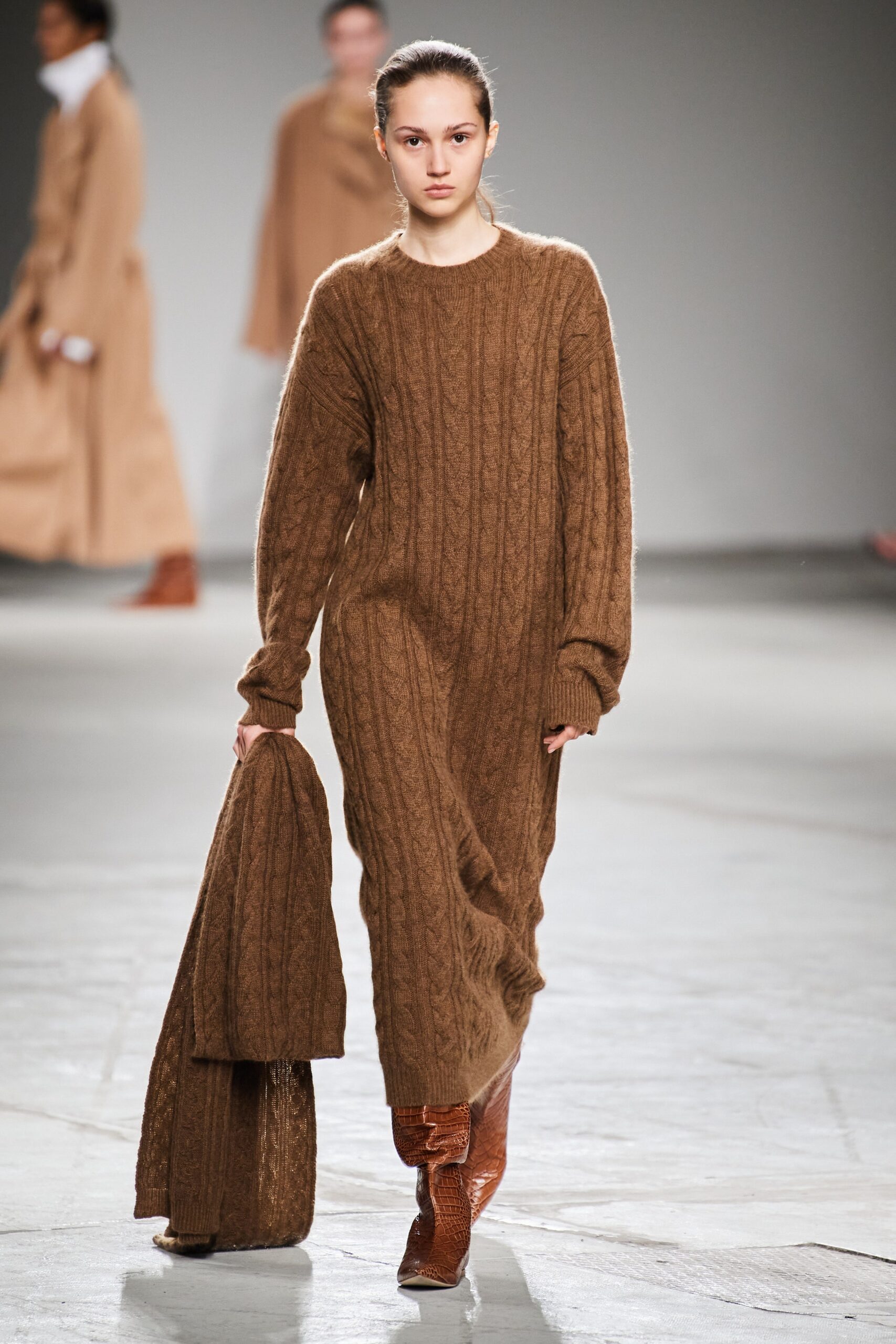 brown wool cable-knit dress and coat