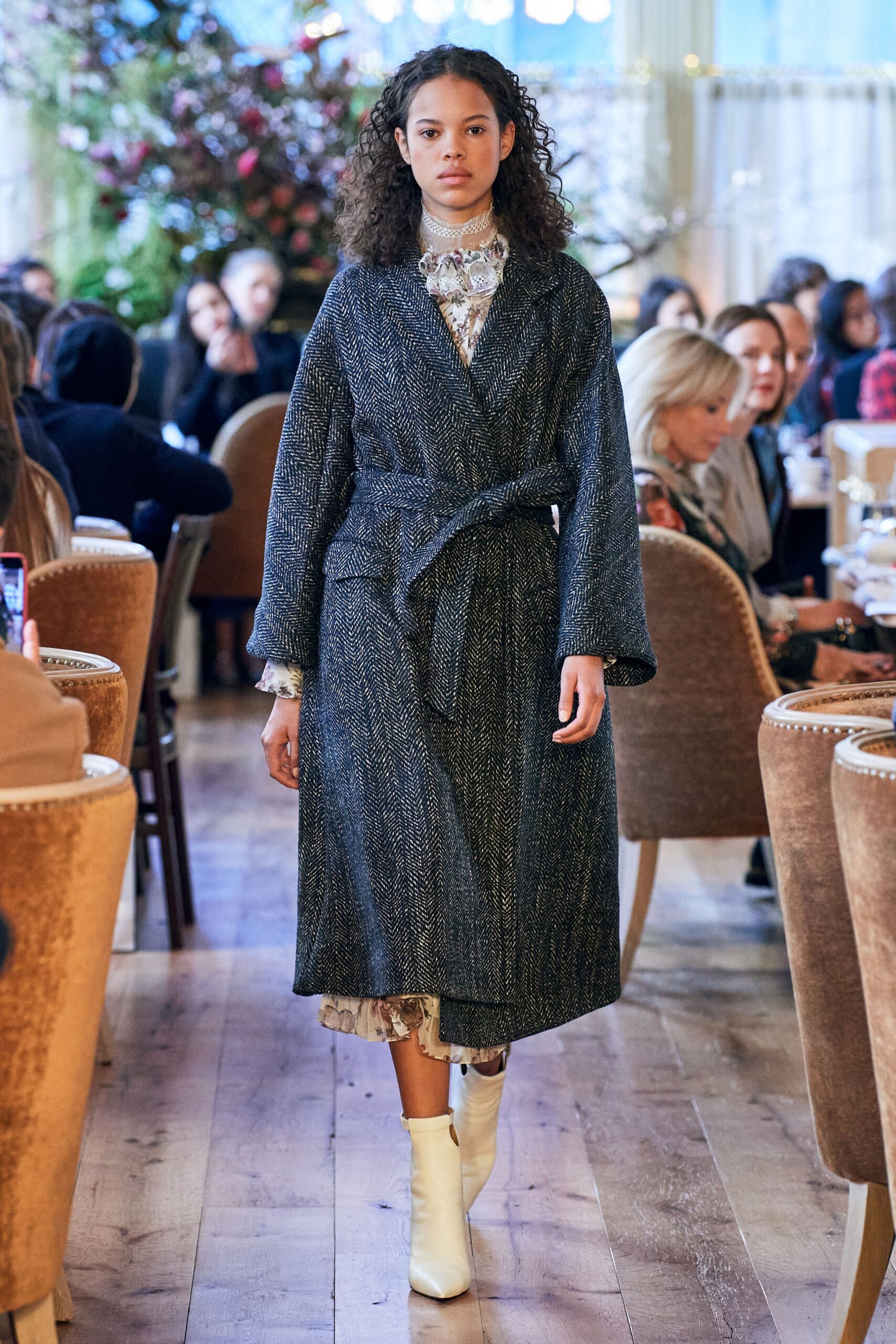 gray wool coat over white dress