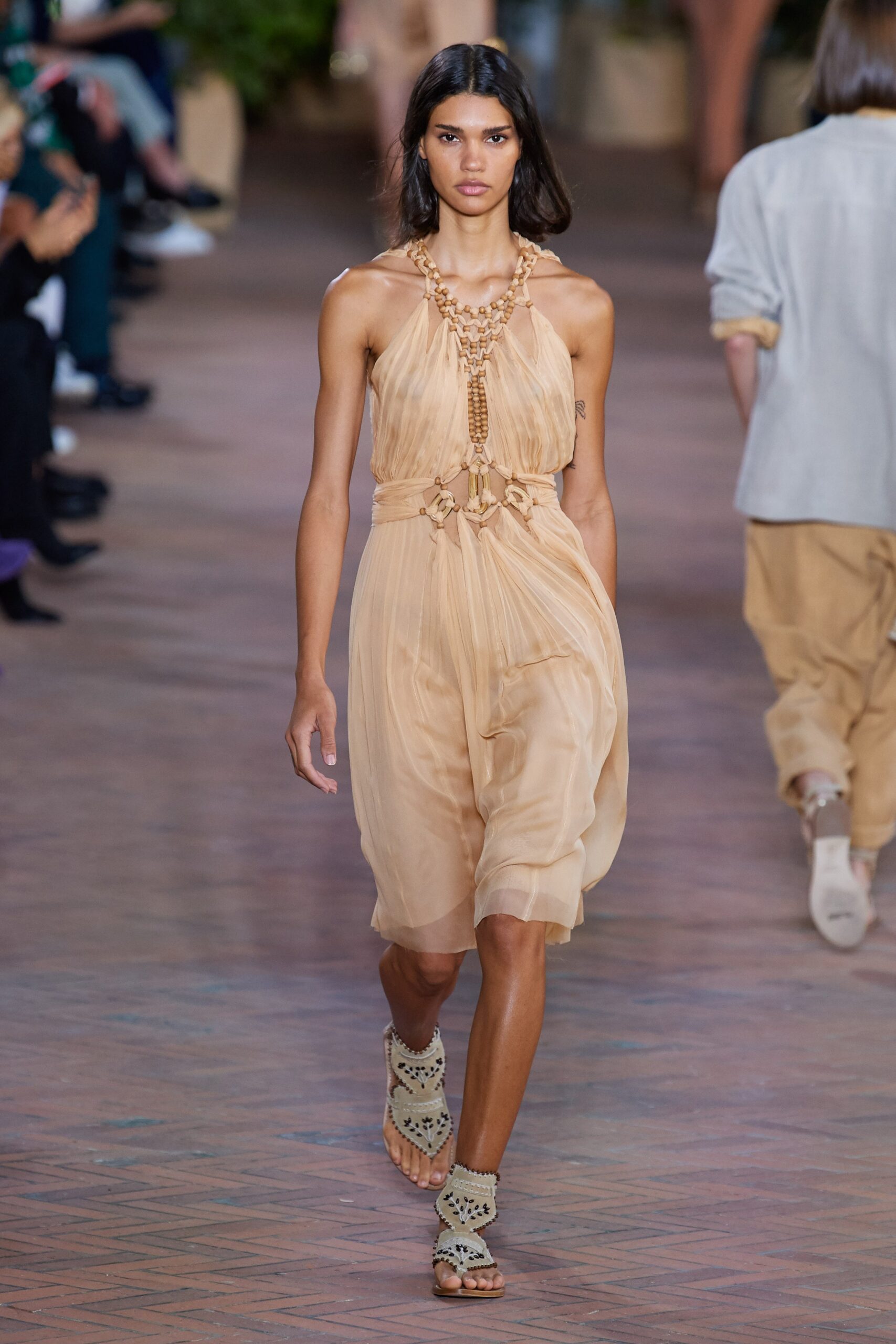 beige silk sleeveless dress