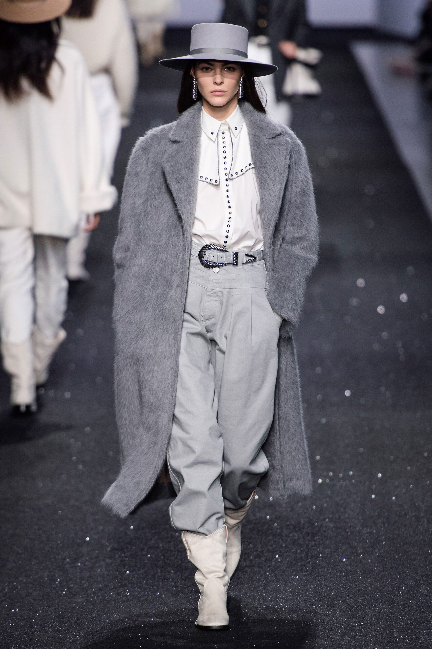 gray faux-fur coat with white shirt