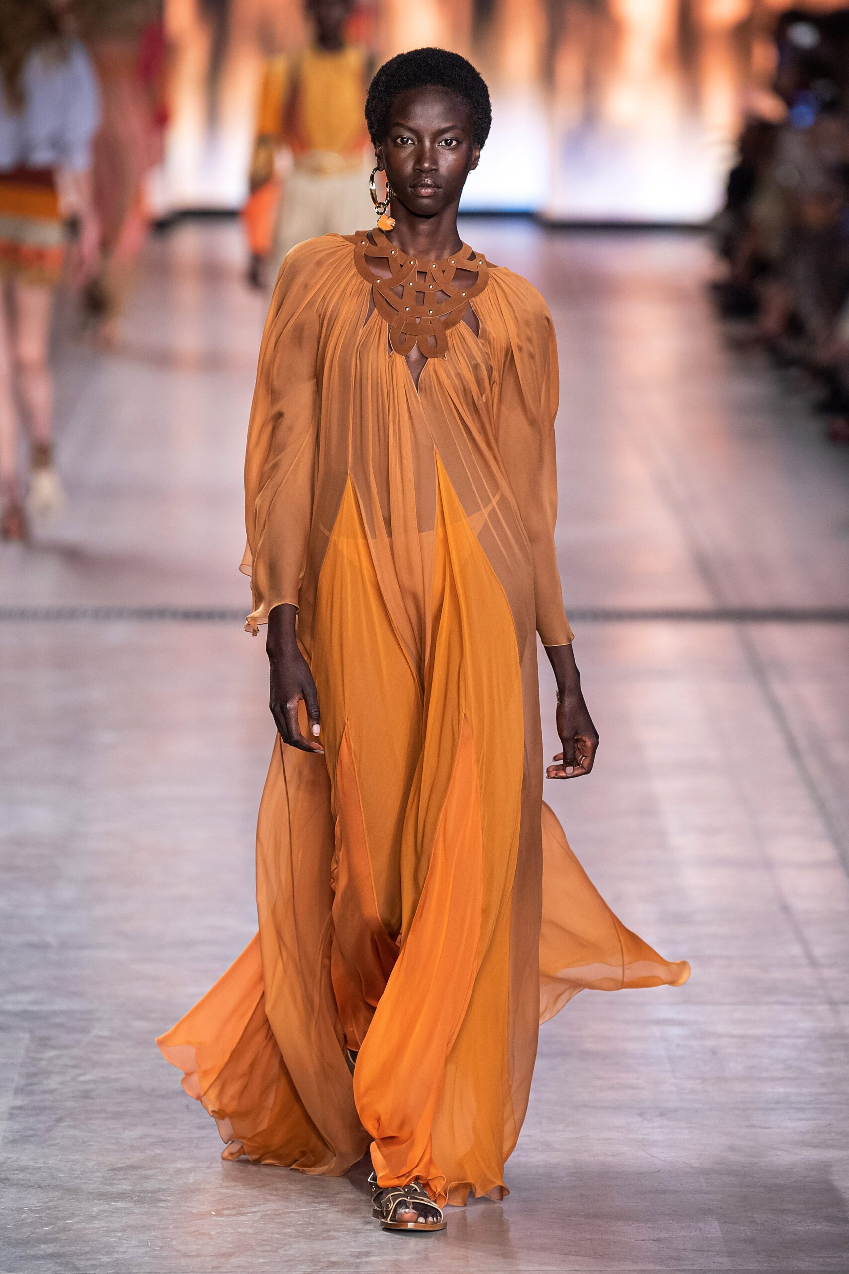 flowing orange silk maxi dress