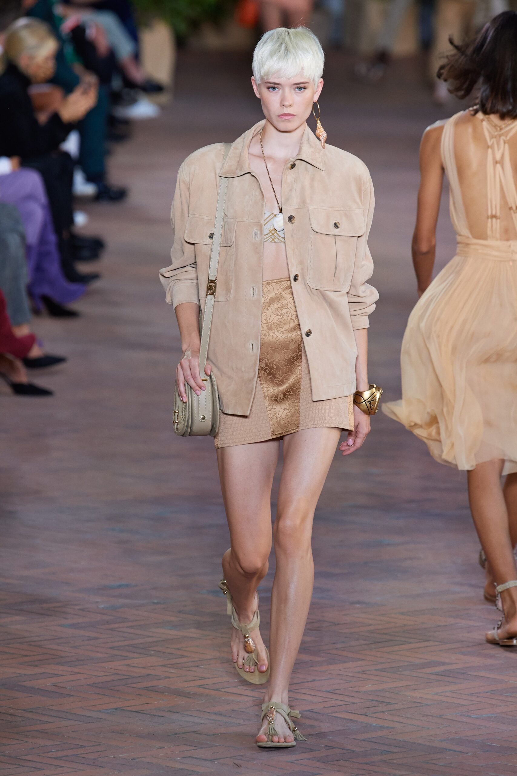 beige suede long-sleeve collared relaxed buttoned jacket